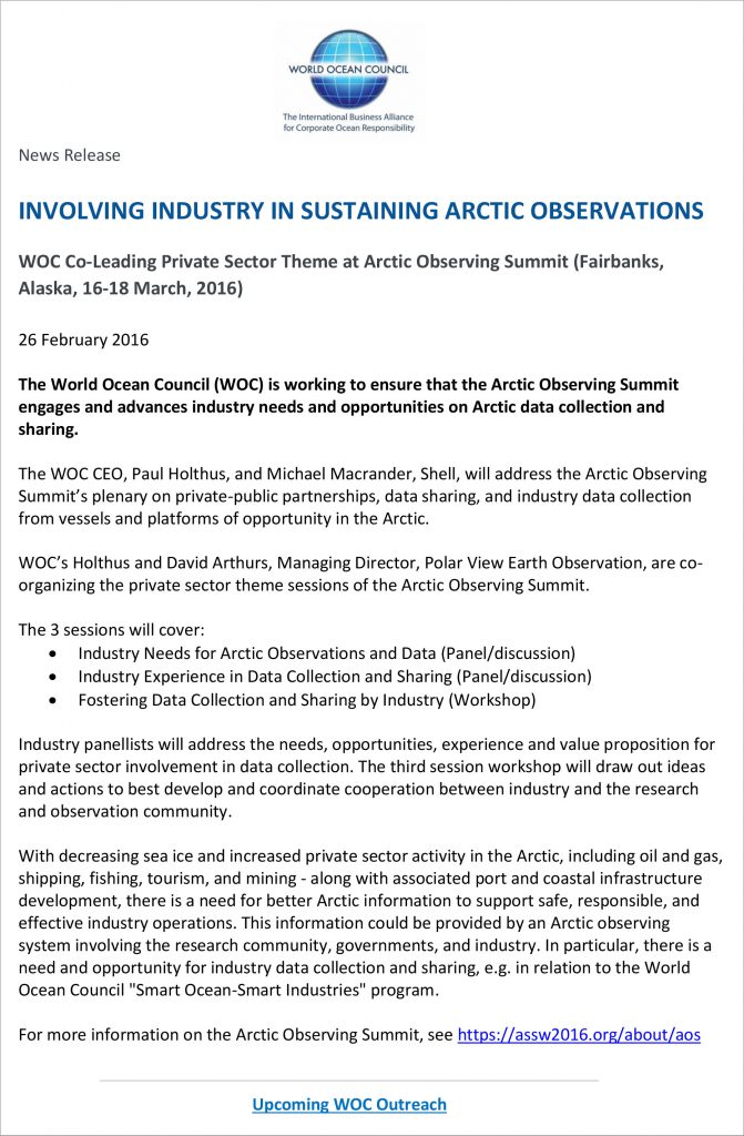 WOC News Release 2016-02-27 Arctic Observing Summit and Industry - FINAL-1