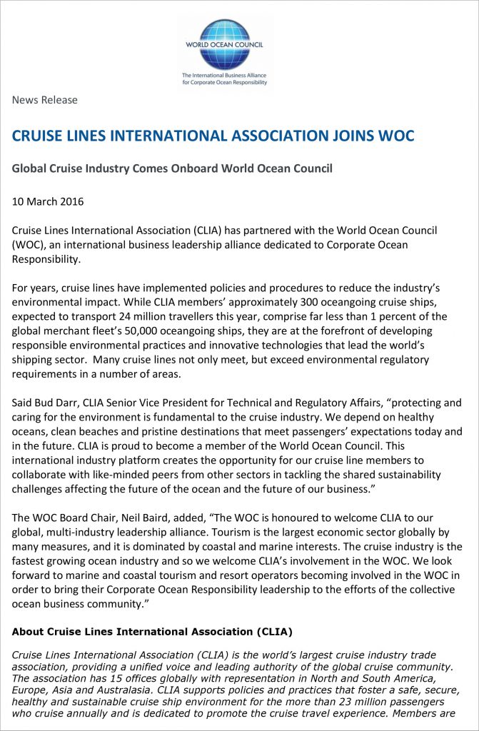 WOC News Release 2016-03-10 Cruise Lines Intl Assn Joins WOC - FINAL-1