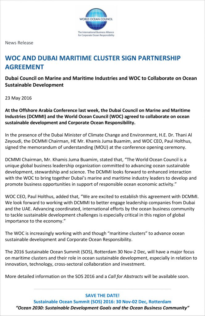 WOC News Release 2016-05-23 WOC and Dubai Maritime Cluster Sign Partnership Agreement