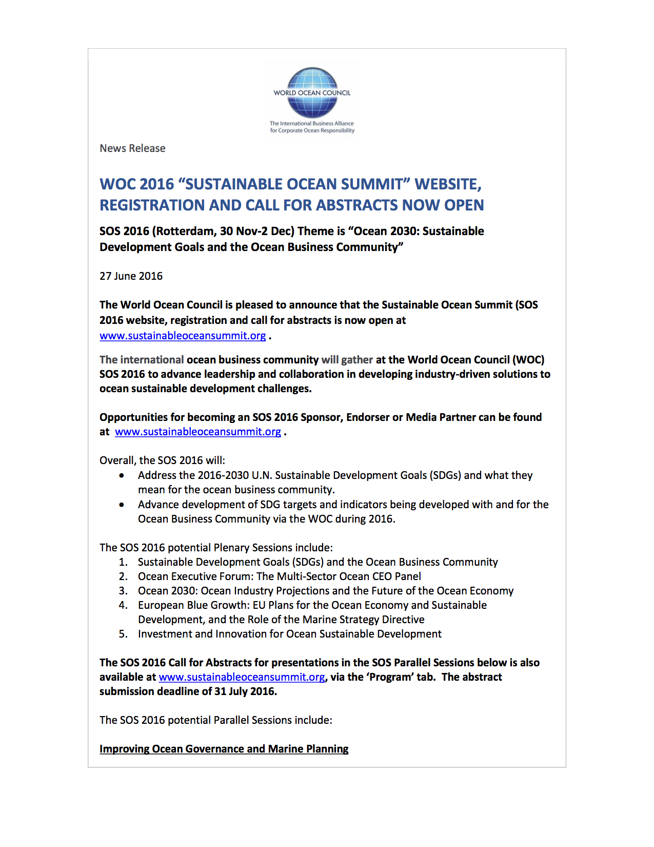 WOC News Release 2016-06-27-SOS-2016-Registration-and-Call-for-Abstracts-Open