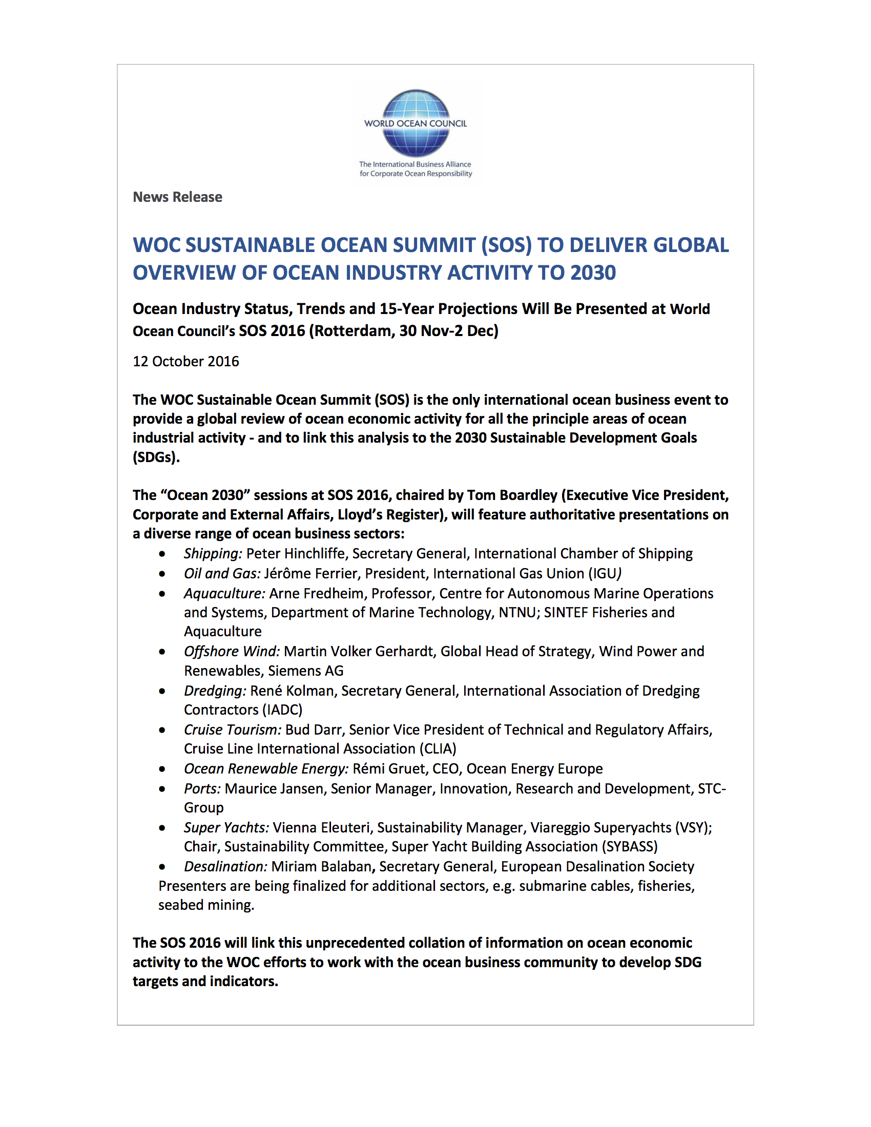 WOC News Release: 2016 10 12. WOC-SOS-To-Deliver-Global-Ocean-Industry-Status-and-Forecast