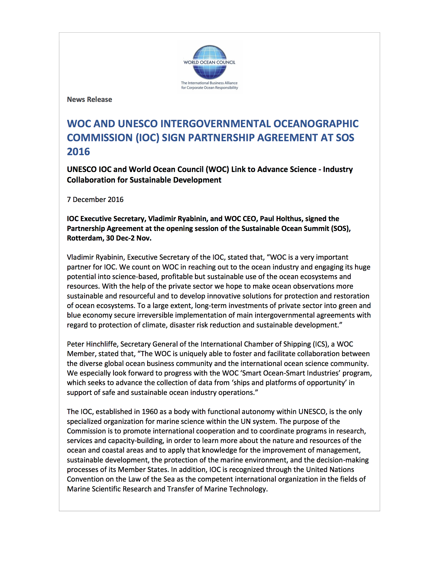 WOC and UNESCO Intergovernmental Oceanographic Commission Partnership Agreement