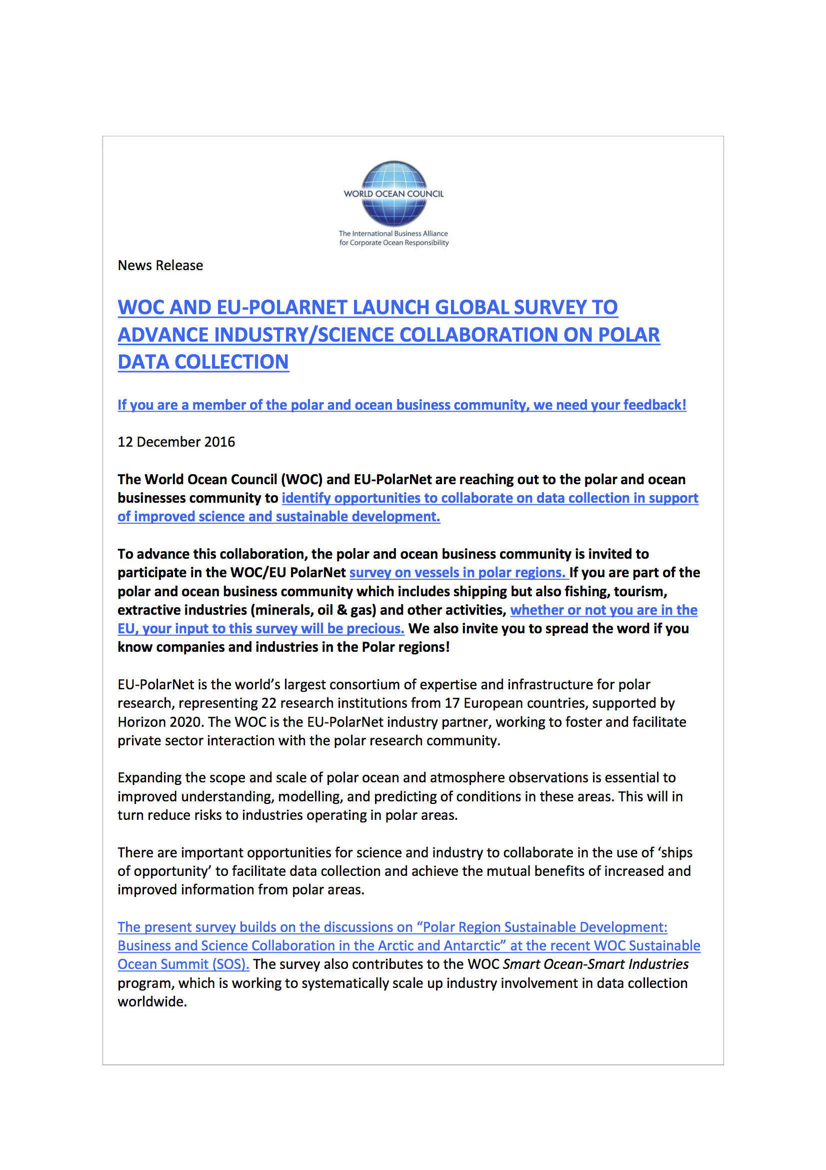 EU Polar Net and World Ocean Council Polar Regions Collaboration