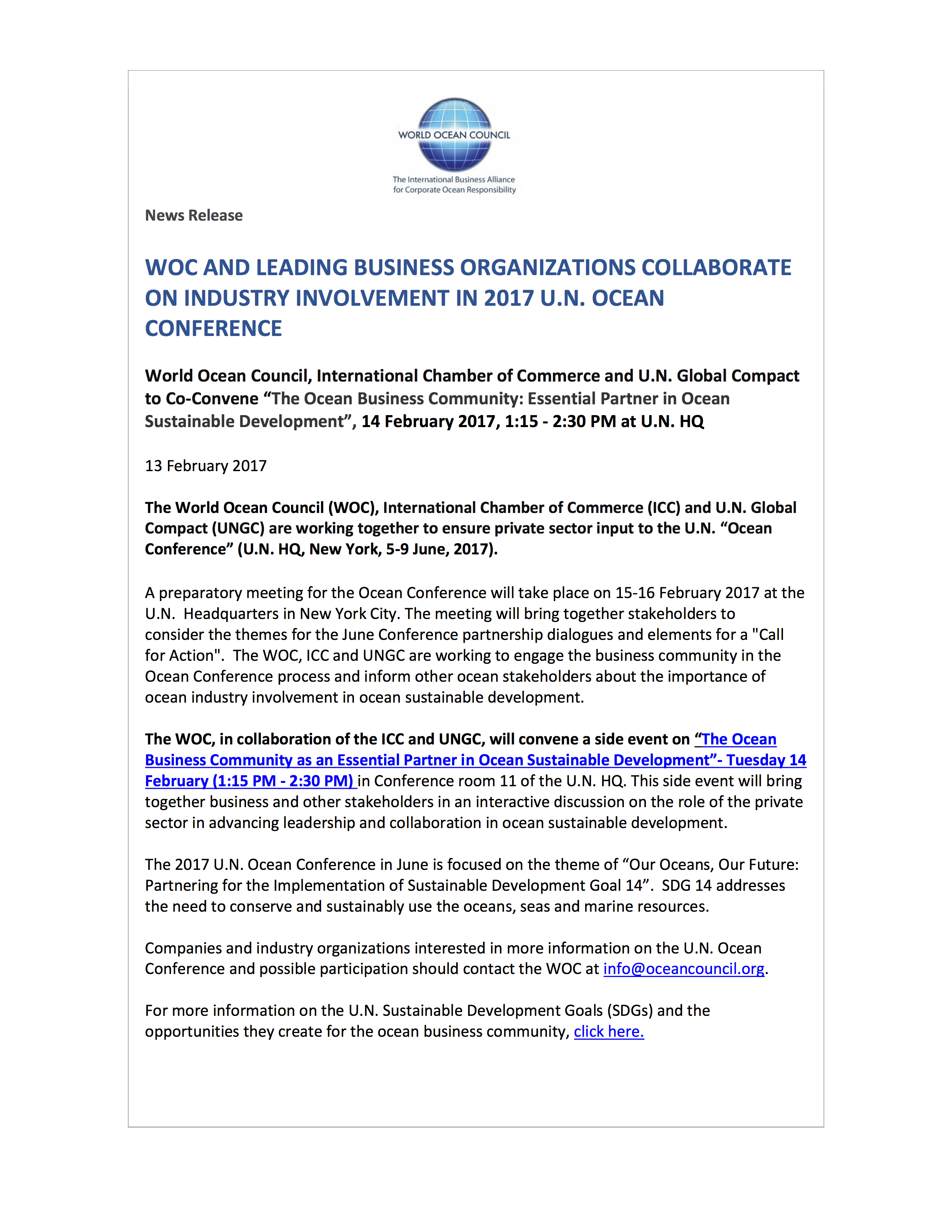 WOC News Release WOC Collaboration to Ensure Business at 2017 U.N. Ocean Conference