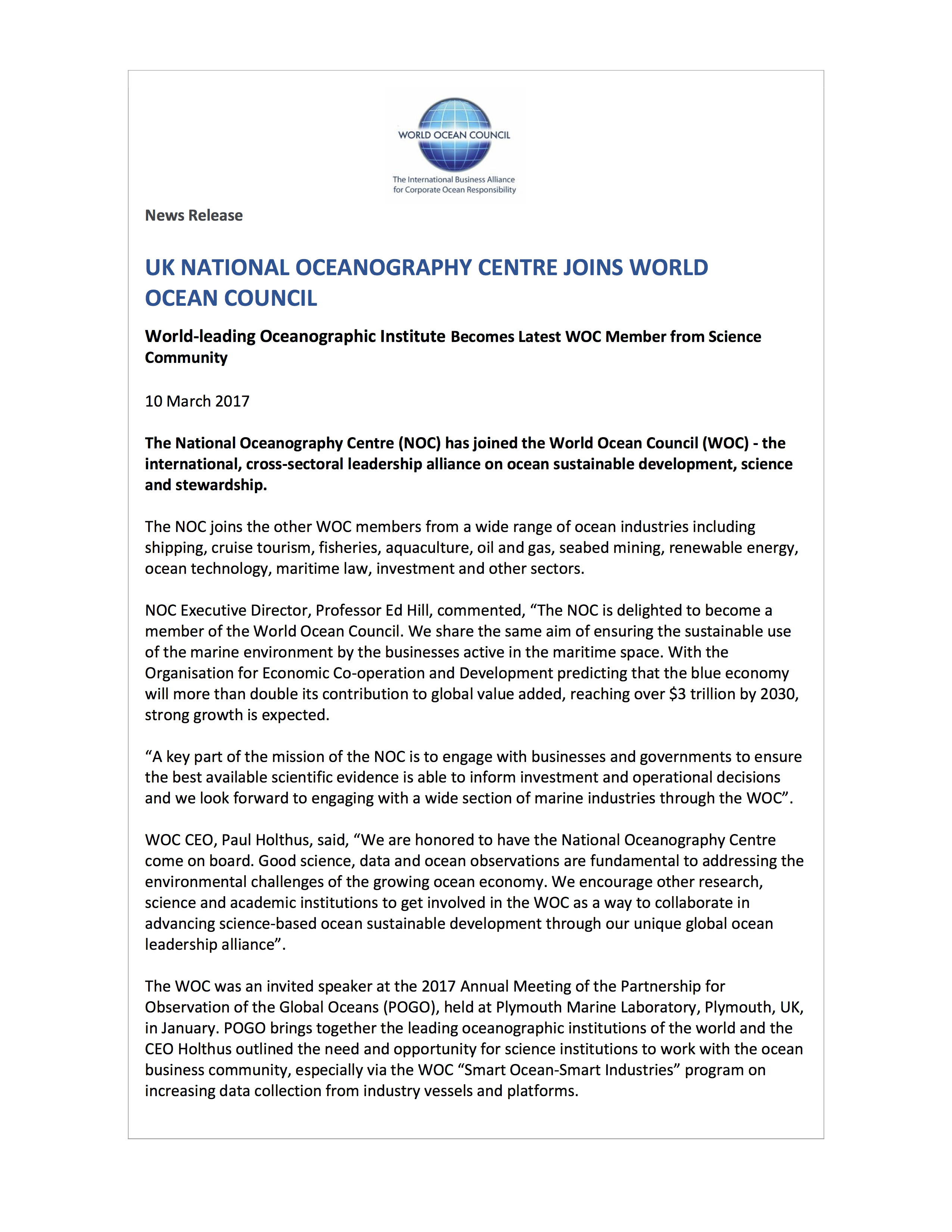 WOC News Release UK National Oceanography Centre Joins World Ocean Council