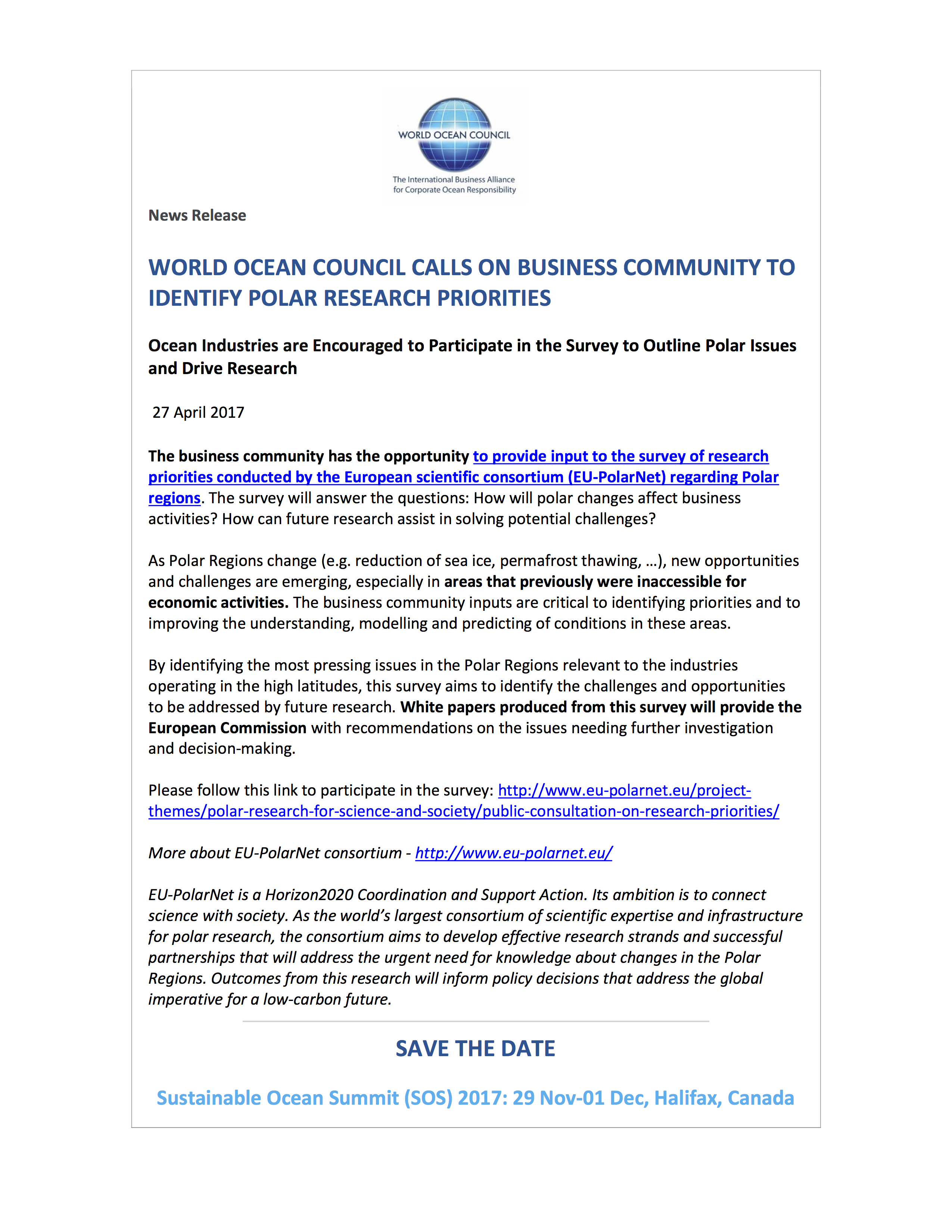 WOC News Release Industry Input Polar on Research Priorities 