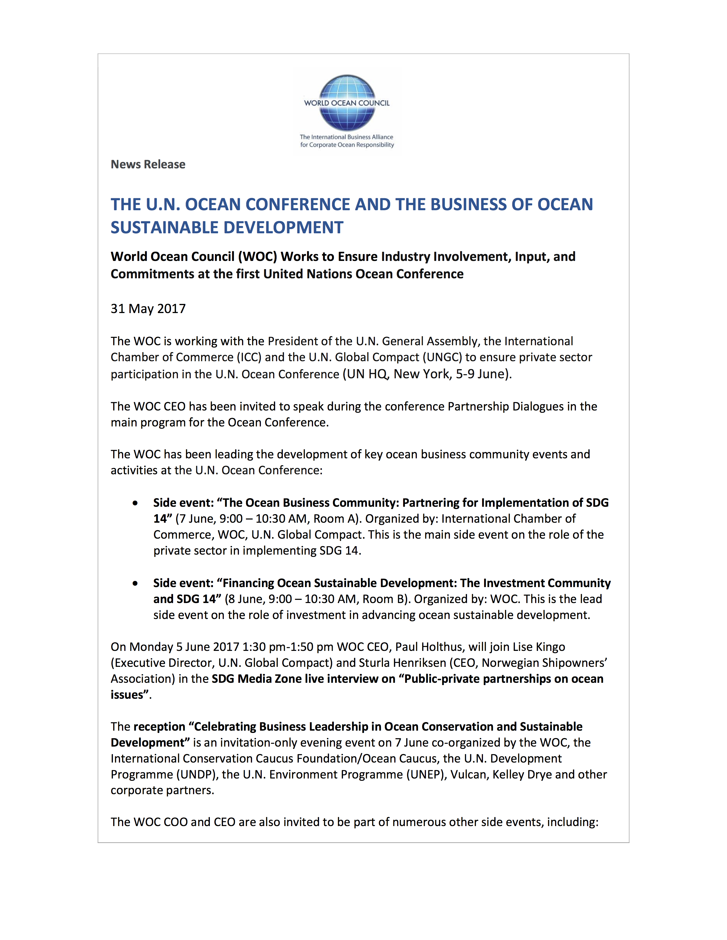 WOC News Release U.N. Ocean Conference and Business of Ocean Sustainable Development