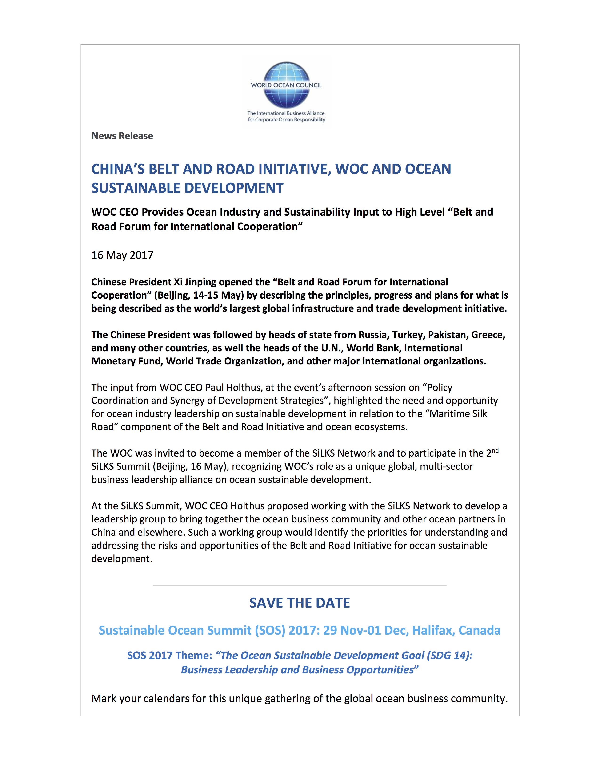 WOC News Release China Belt and Road Initiative, WOC and Sustainable Development