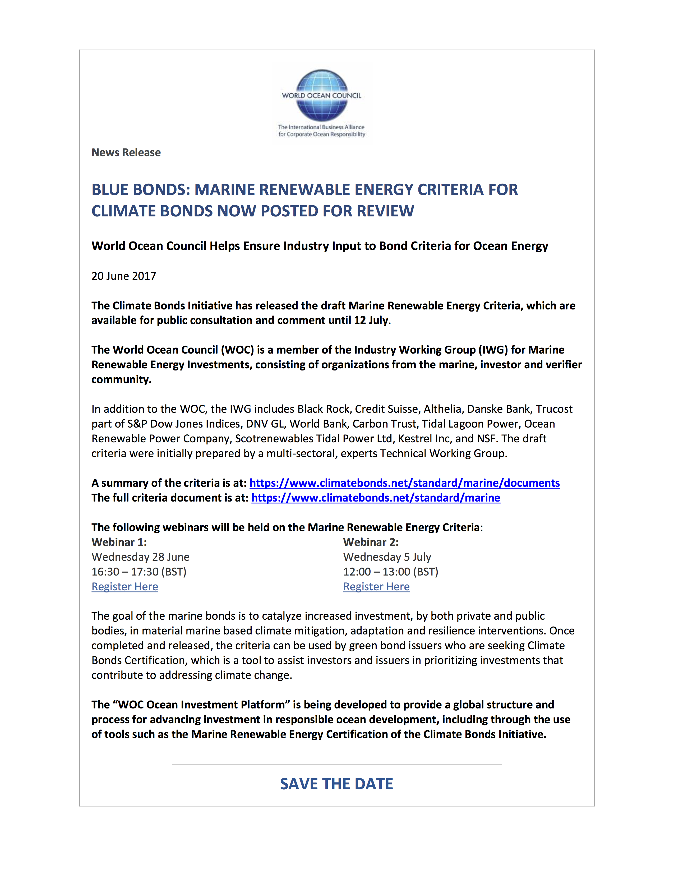 Blue Bonds - Marine Renewable Energy Criteria for Climate Bonds Posted