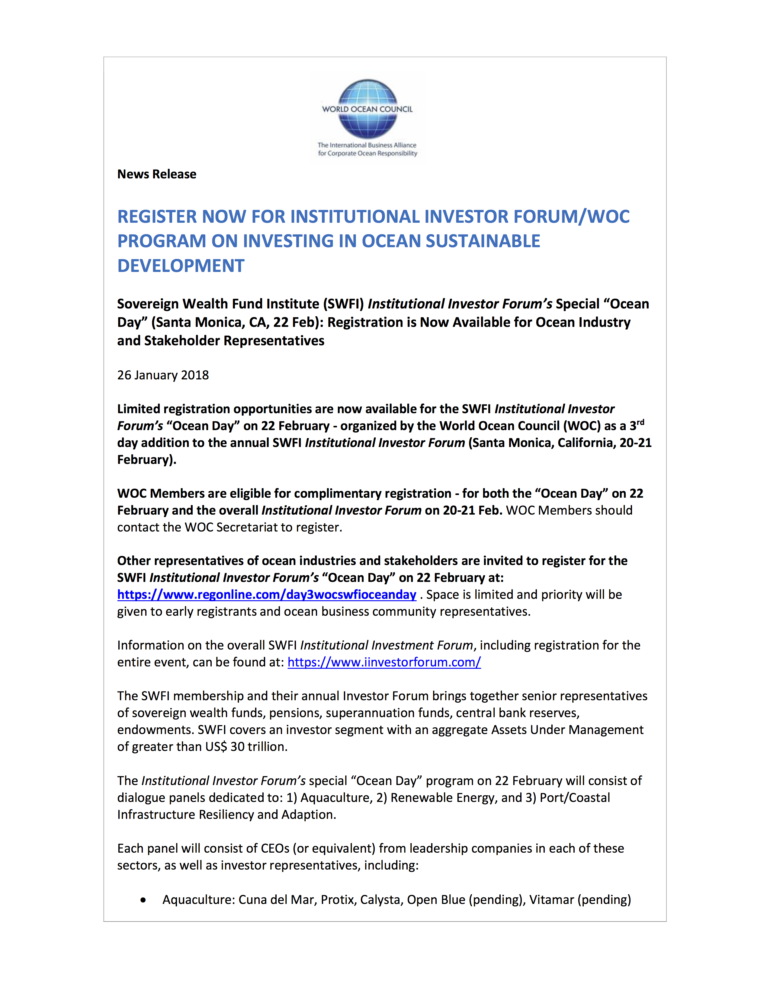 Register Now - Institutional Investor Forum-WOC Ocean Program - 26 January 2018