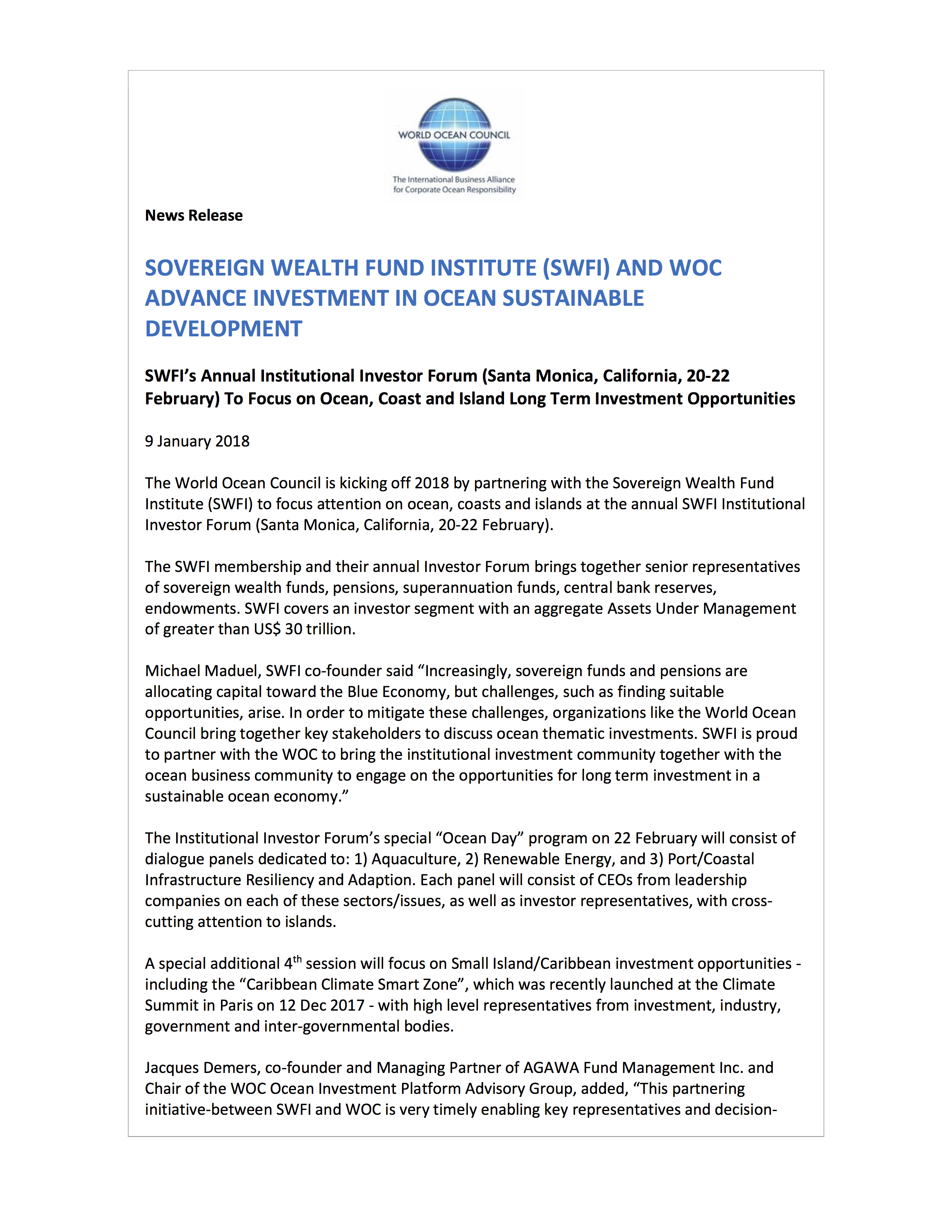 Sovereign Wealth Fund Institute and WOC Advance Ocean Investment