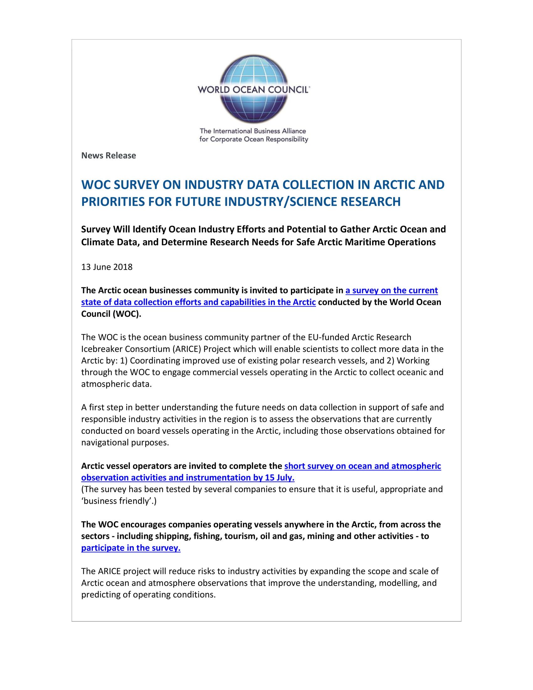 WOC Launches Arctic Industry Survey on Data Collection - 13 June 2018