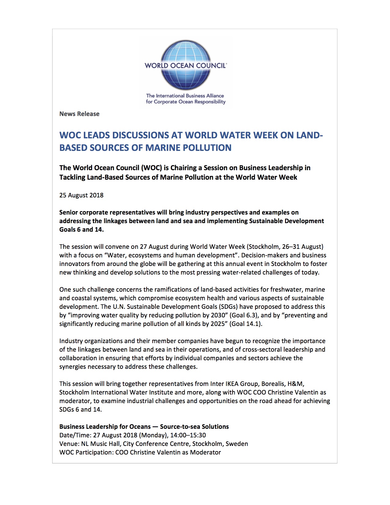 WOC Leads Discussions at World Water Week on Land-based Sources of Marine Pollution - 25 August 2018