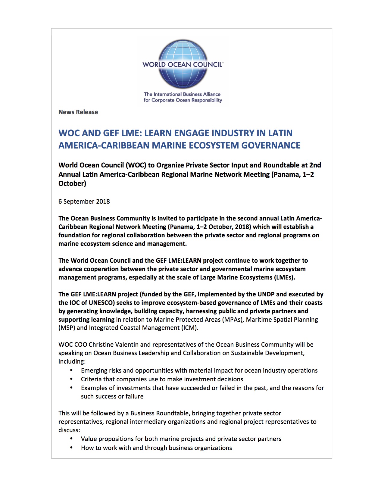 WOC and GEF LME:LEARN Engage Industry in Latin America-Caribbean Marine Ecosystem Governance - 6 September 2018