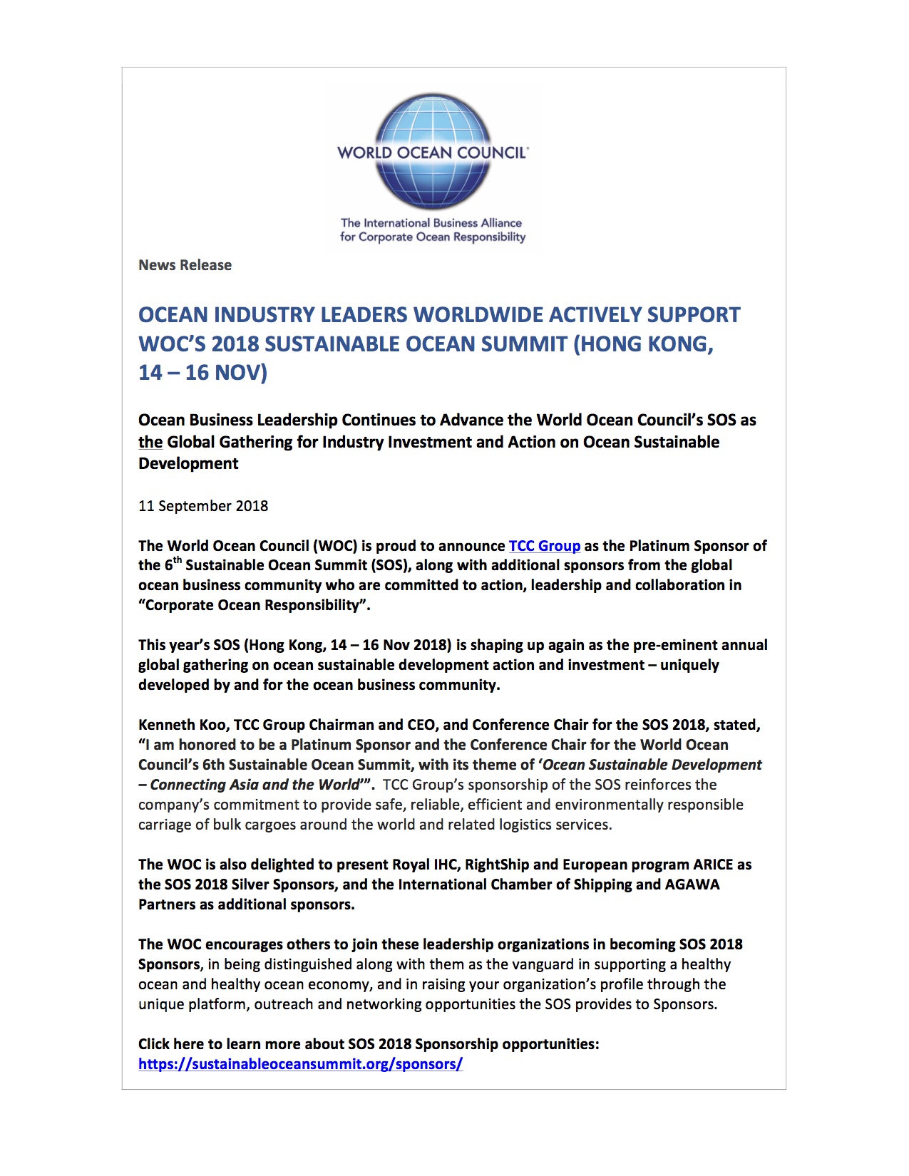 Ocean Industry Leaders Worldwide Actively Support WOC's 2018 Sustainable Ocean Summit (Hong Kong, 14 - 16 Nov) - 11 September 2018