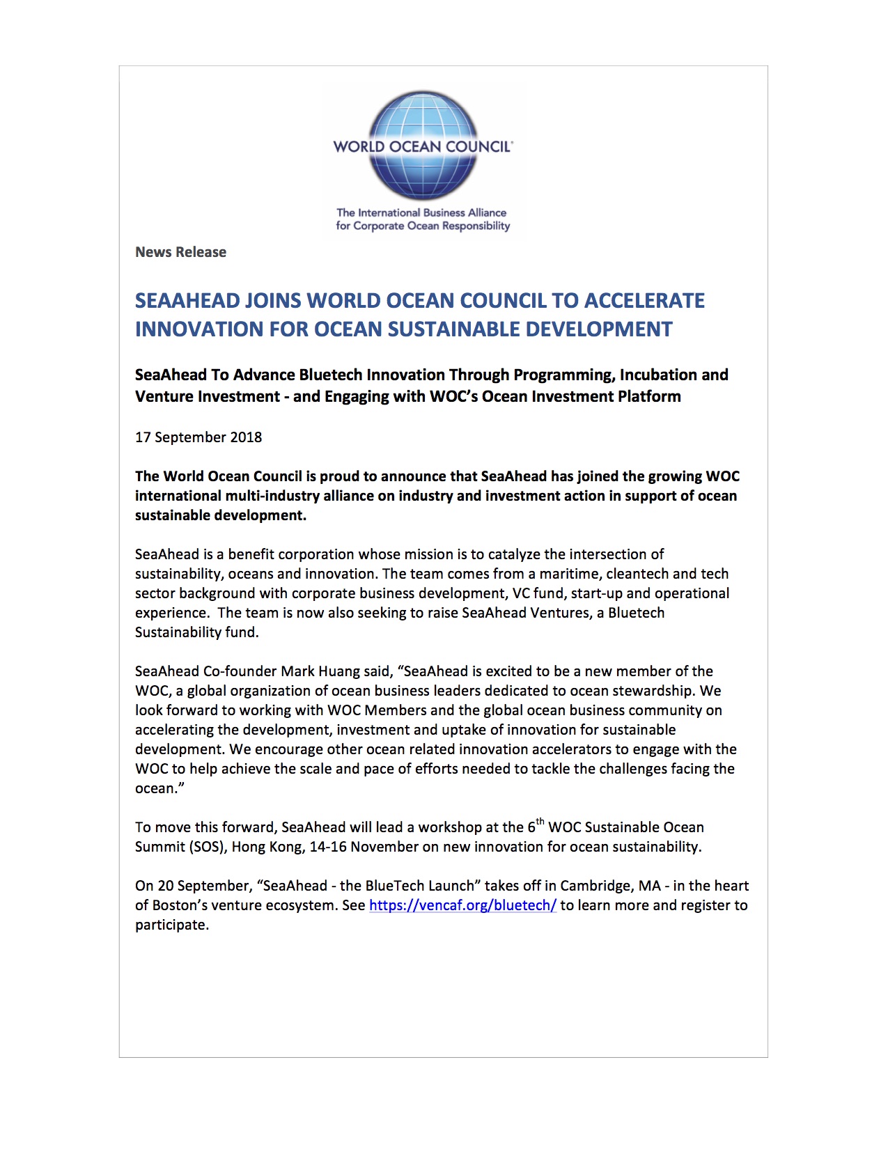 SeaAhead Joins World Ocean Council to Accelerate Innovation for Ocean Sustainable Development - 17 September 2018