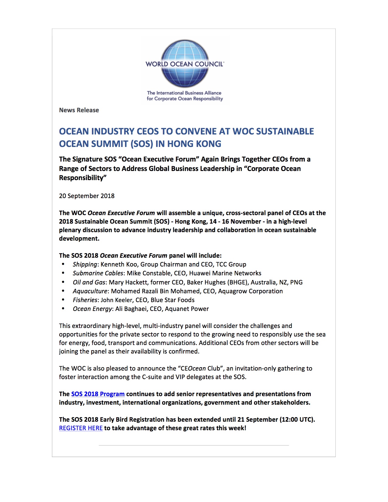 Ocean Industry CEOs to Convene at WOC Sustainable Ocean Summit (SOS) in Hong Kong - 20 September 2018