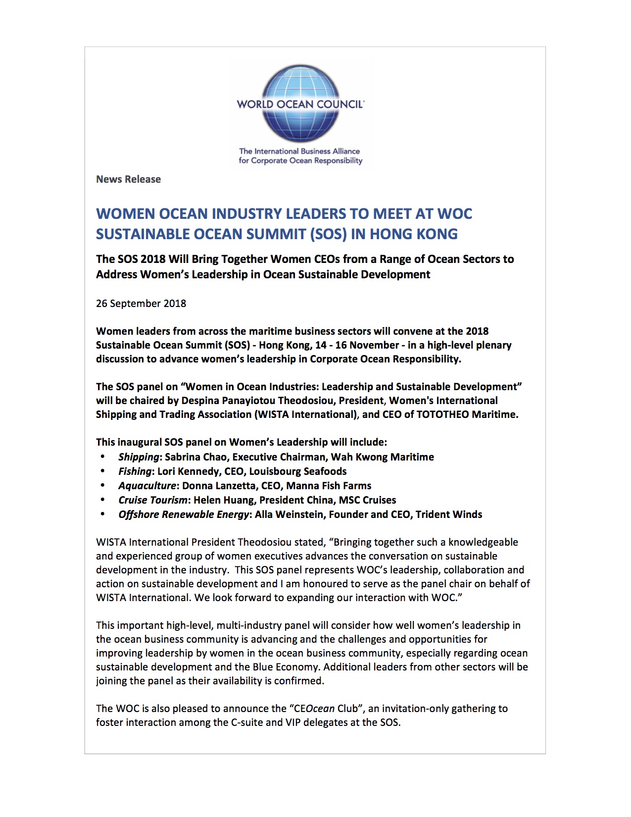 Women Ocean Industry Leaders to Meet at WOC Sustainable Ocean Summit (SOS) in Hong Kong - 26 September 2018