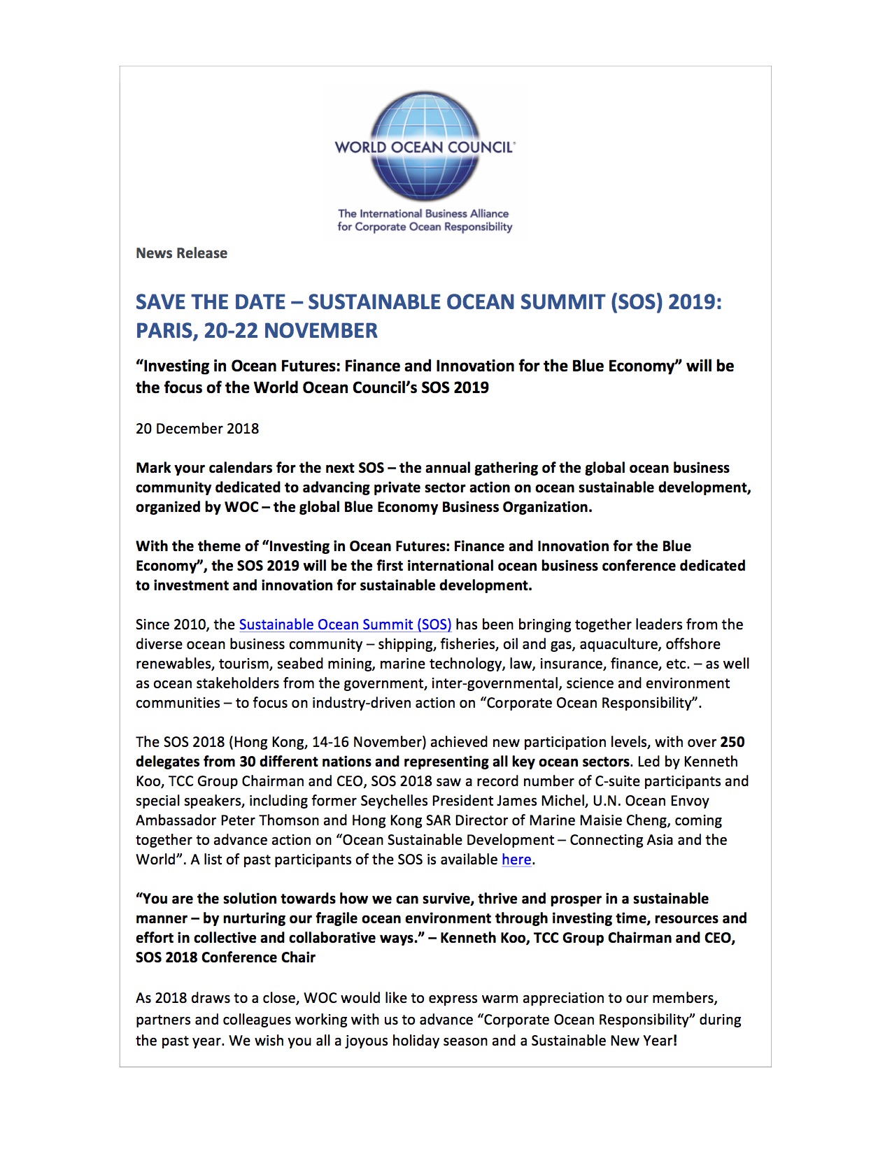 Save the Date - Sustainable Ocean Summit (SOS) 2019: Paris, 20-22 November - 20 December 2018