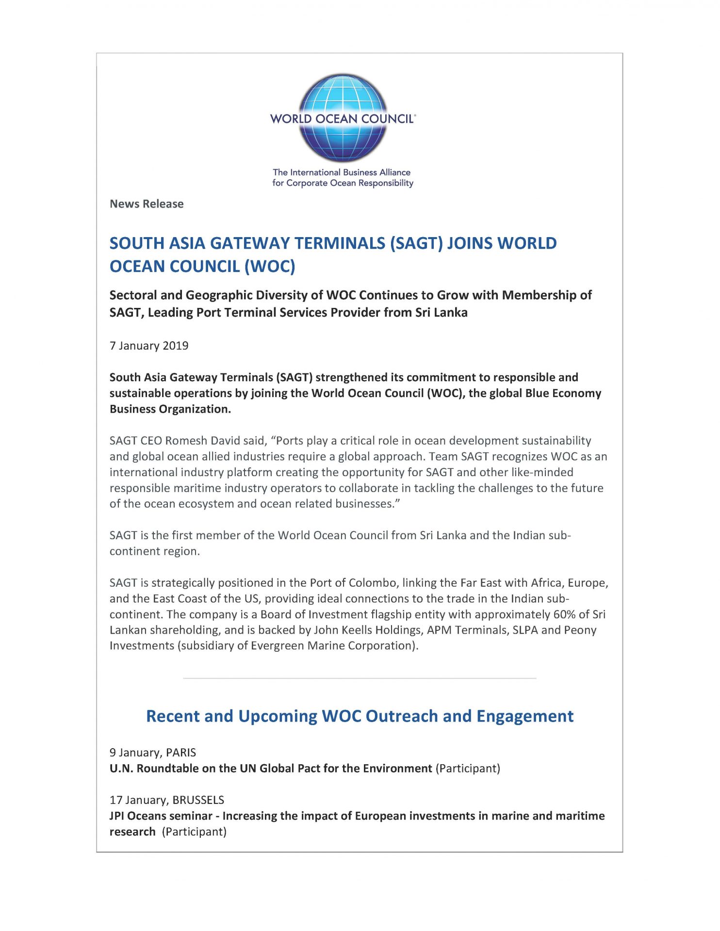 South Asia Gateway Terminals (SAGT) Joins World Ocean Council (WOC) - 7 January 2019