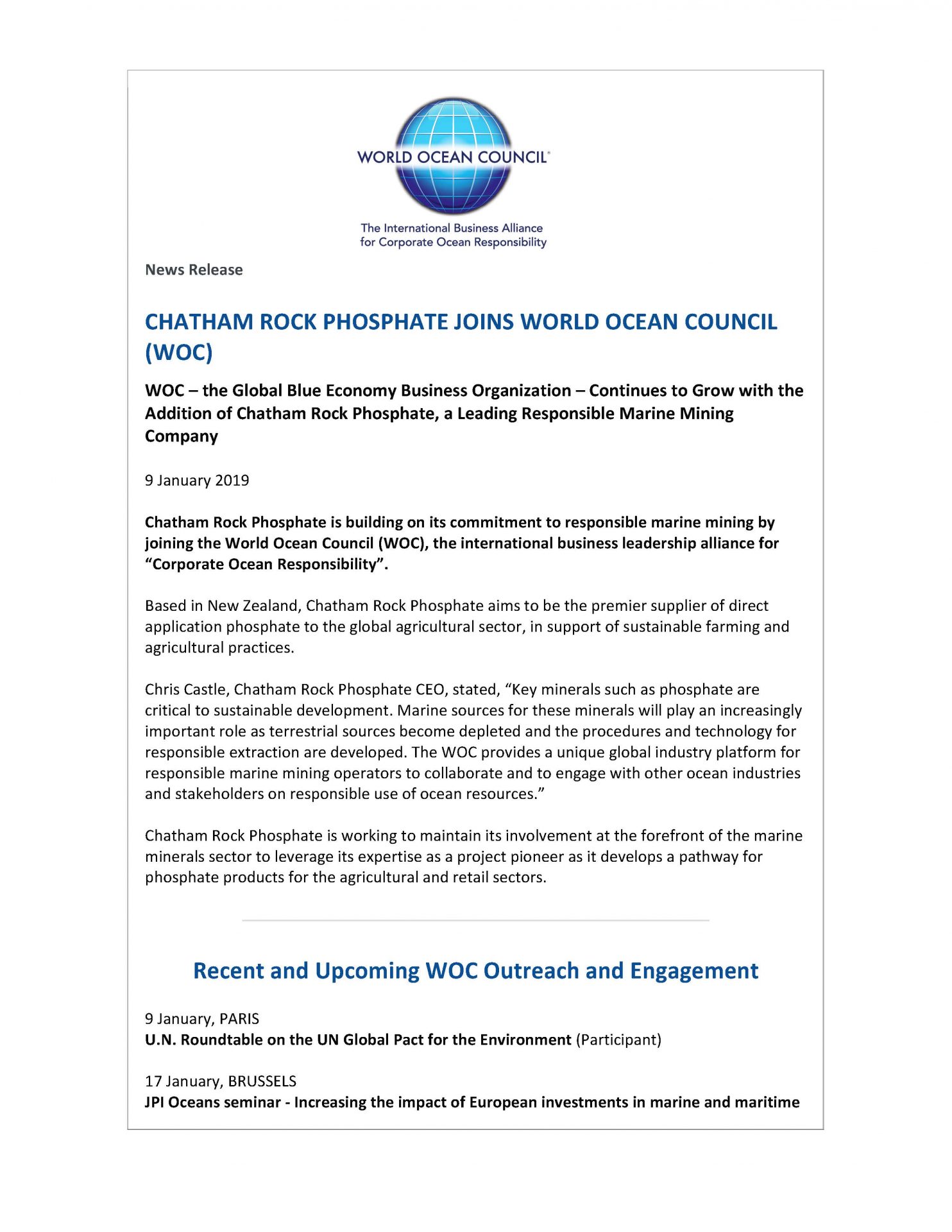 Chatham Rock Phosphate Joins World Ocean Council (WOC) - 9 January 2019