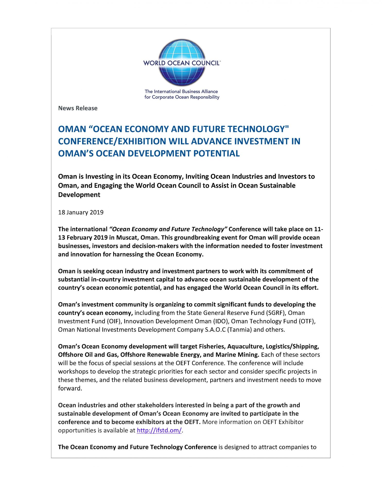 Oman Ocean Economy Conference 11-13 Feb 2019 - 18 January 2019