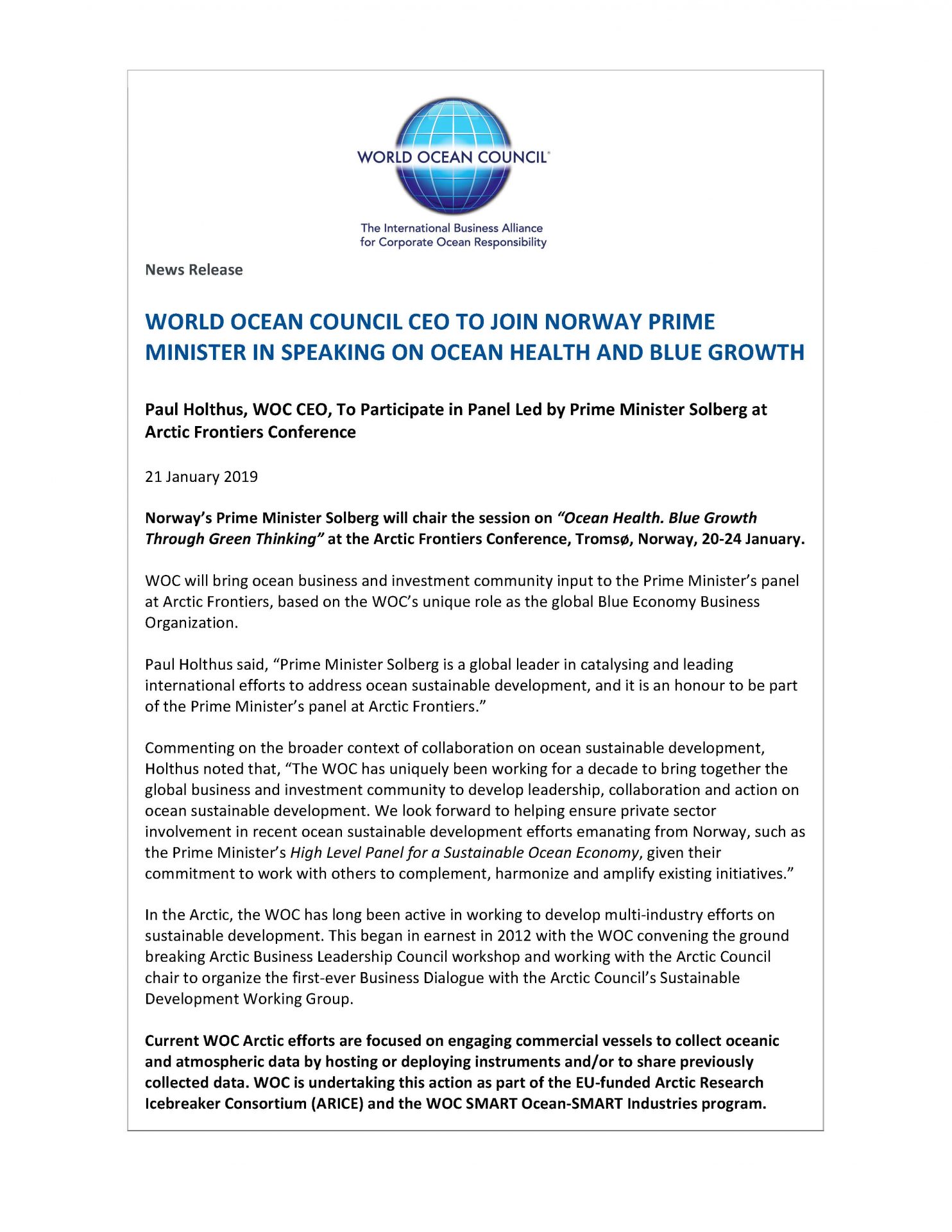 World Ocean Council CEO to Join Norway Prime Minister in Speaking on Ocean Health and Blue Growth - 21 January 2019