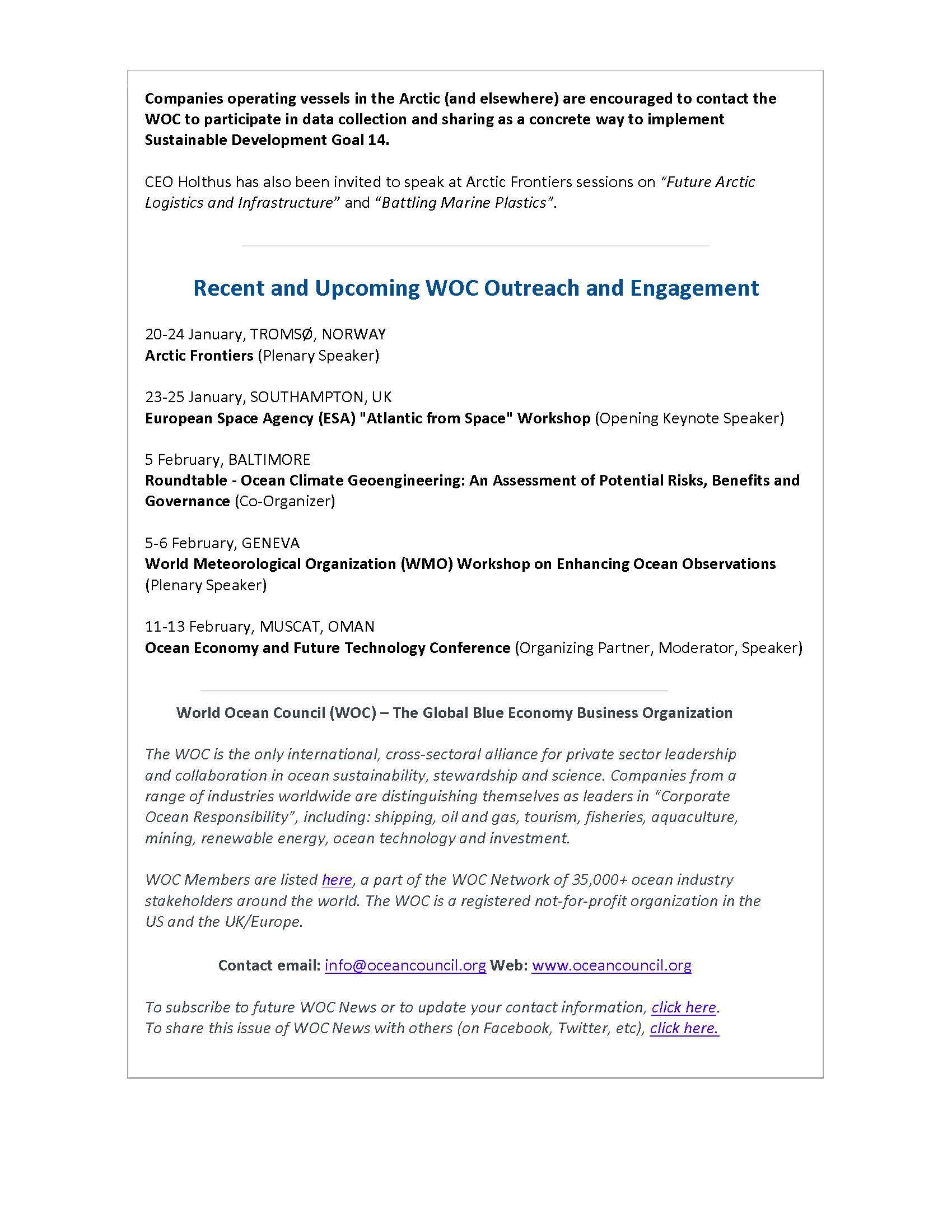 World Ocean Council CEO to Join Norway Prime Minister in Speaking on Ocean Health and Blue Growth - 21 January 2019