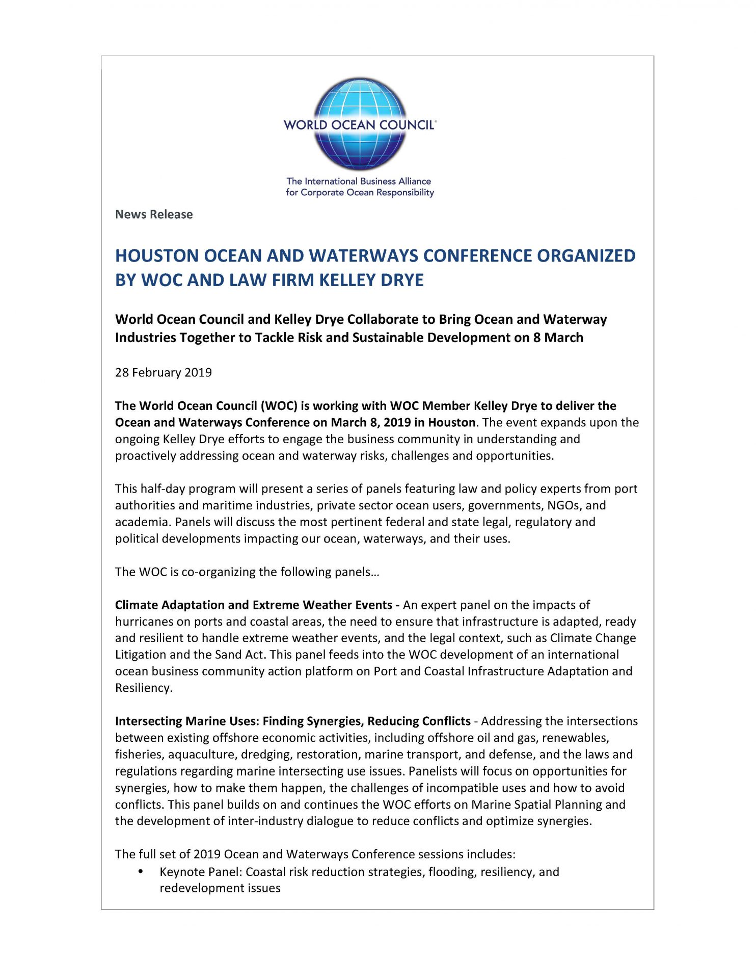 Houston Ocean and Waterways Conference Organized by WOC and Law Firm Kelley Drye - 28 February 2019