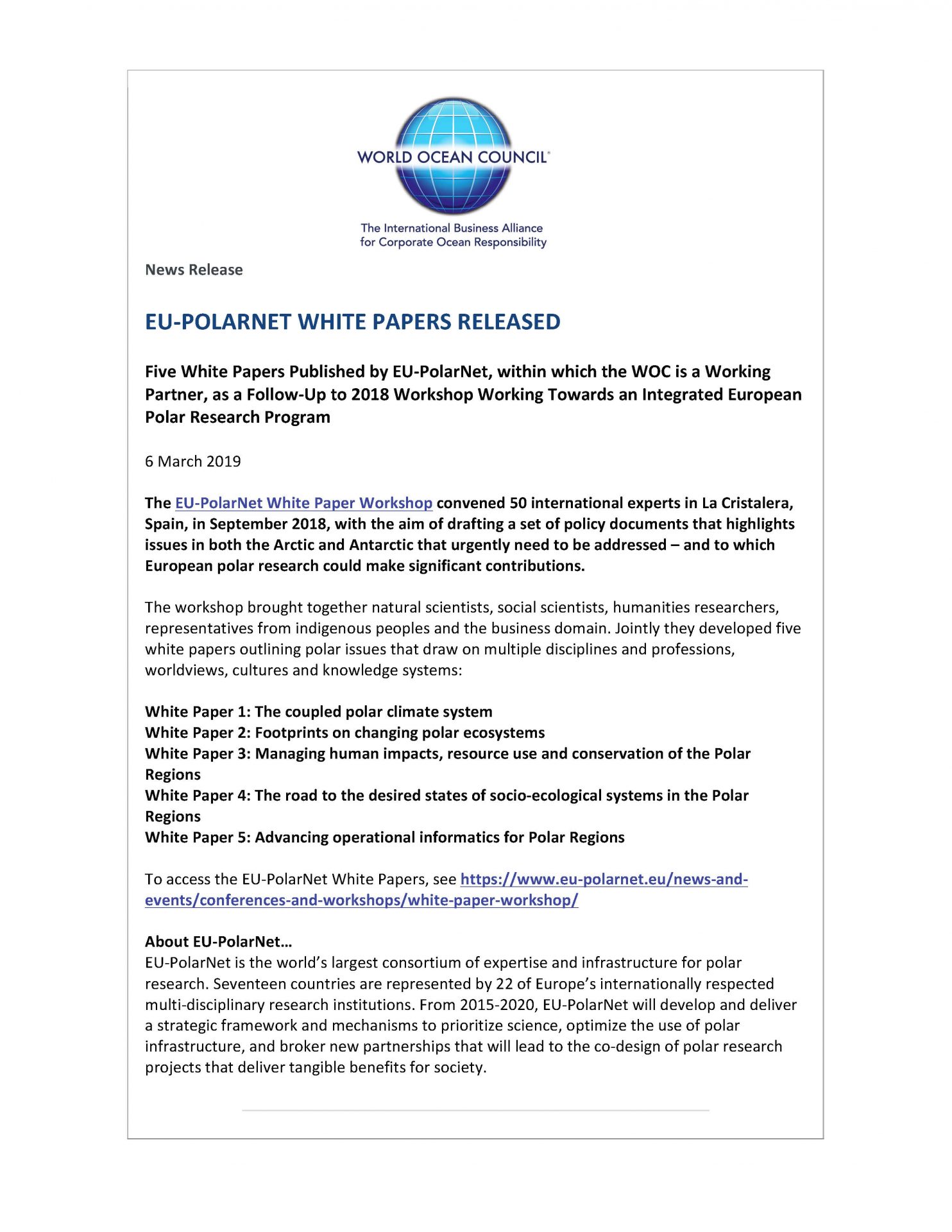 EU-PolarNet White Papers Released - 6 March 2019