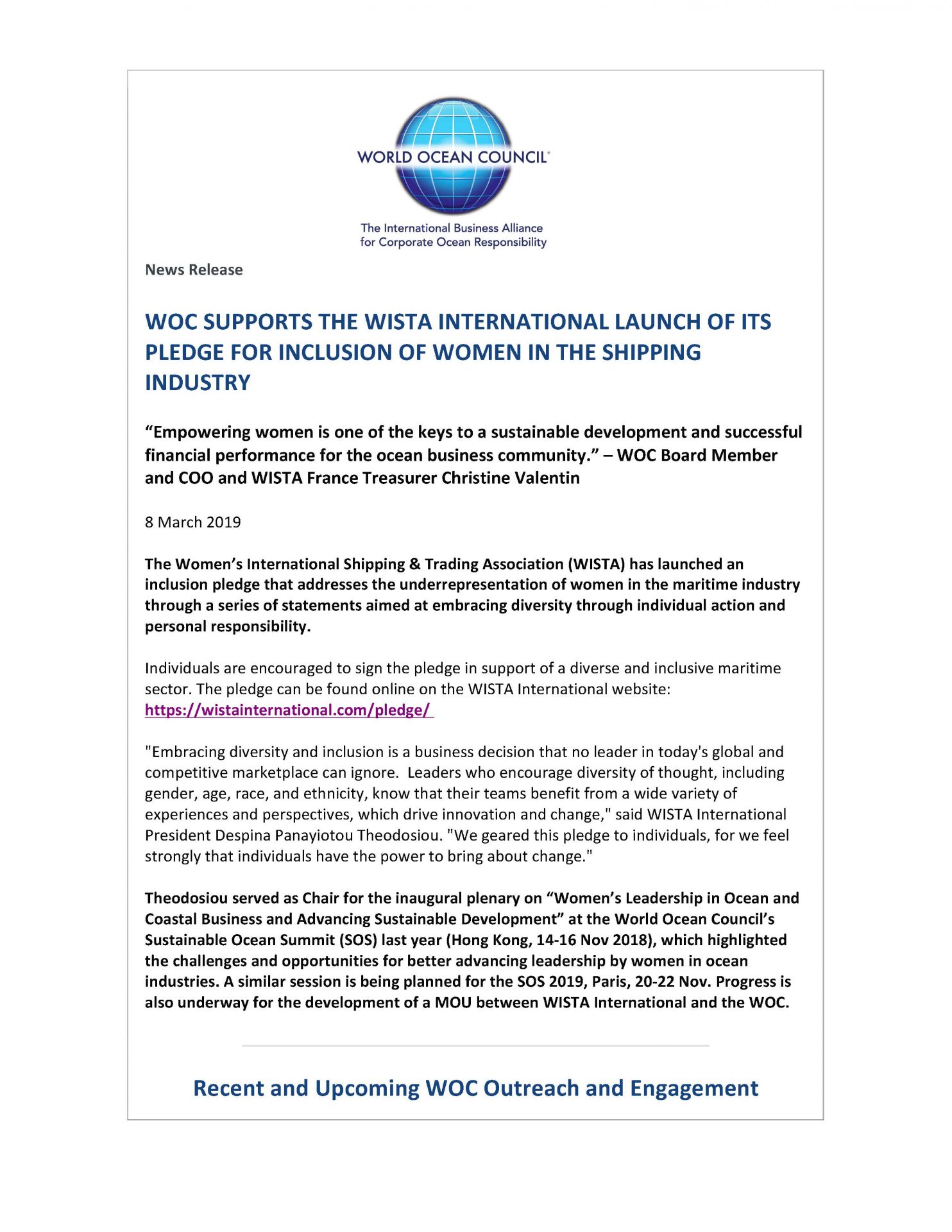 WOC Supports the WISTA International Launch of its Pledge for Inclusion of Women in the Shipping Industry - 8 March 2019