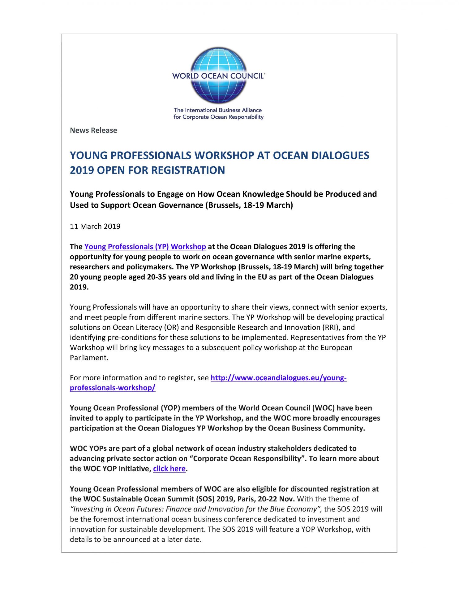 Young Professionals Workshop at Ocean Dialogues 2019 Open for Registration - 11 March 2019