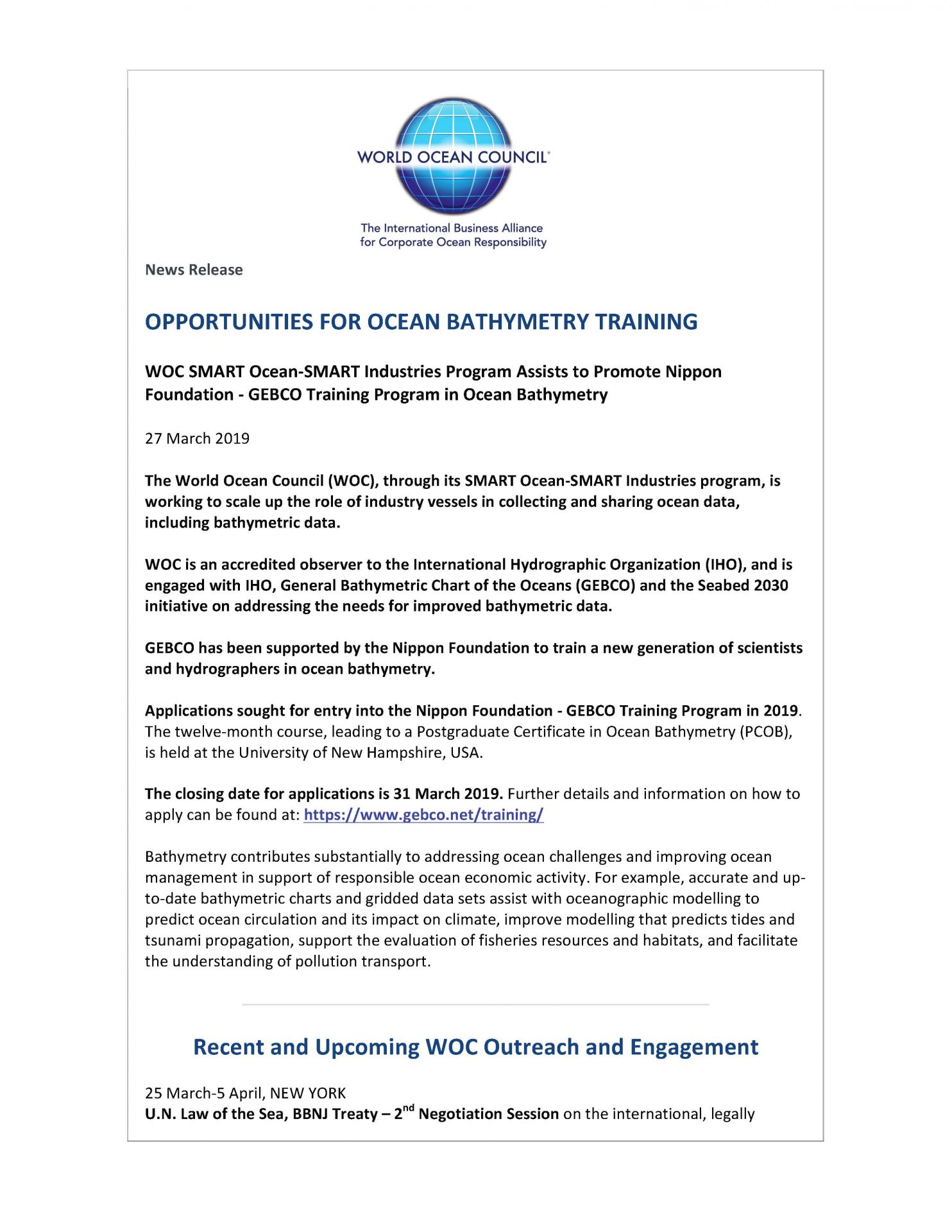 Opportunities for Ocean Bathymetry Training - 27 March 2019