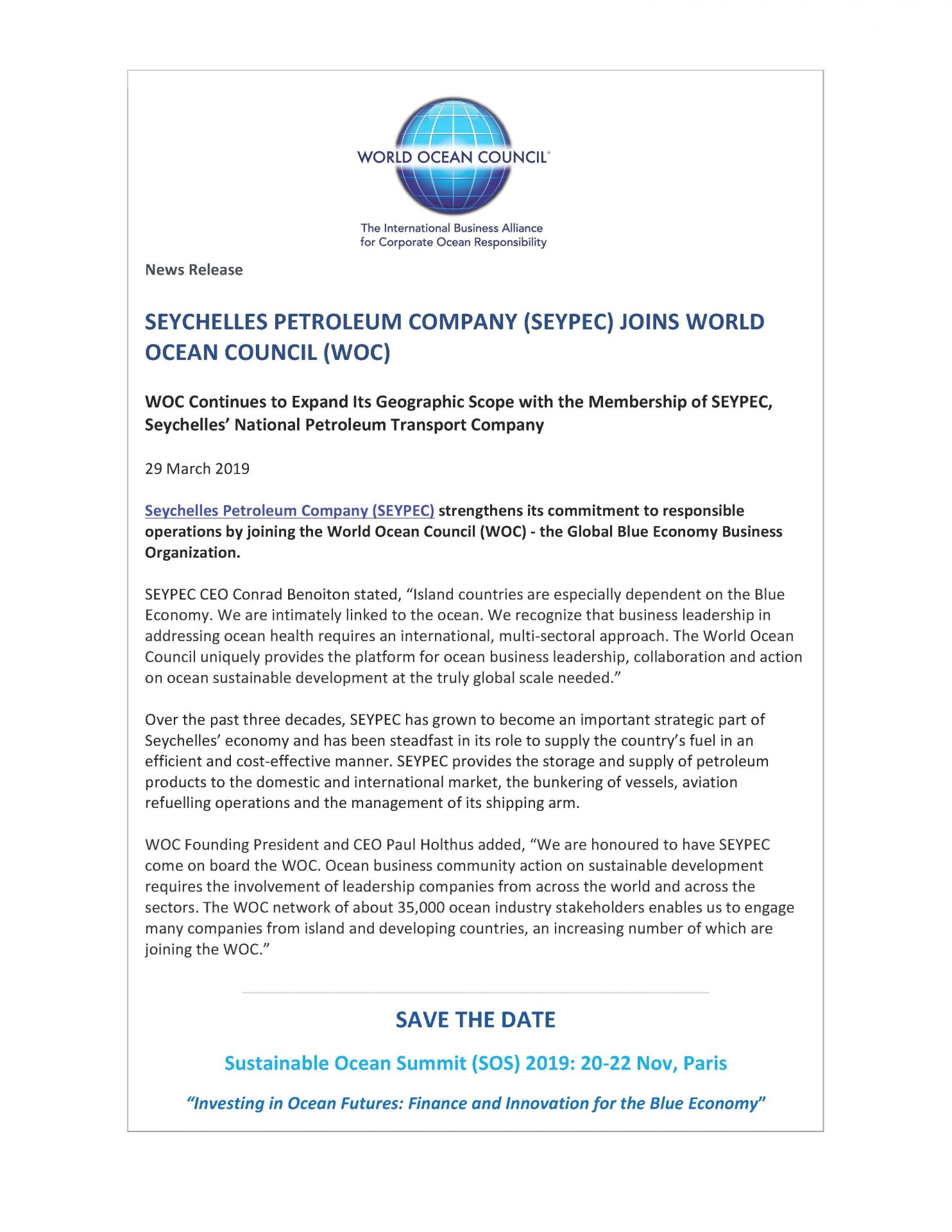 Seychelles Petroleum Company (SEYPEC) Joins World Ocean Council (WOC) - 29 March 2019