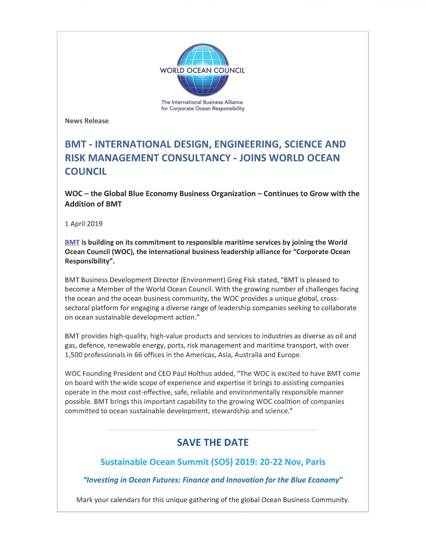 BMT - International Design, Engineering, Science and Risk Management Consultancy - Joins World Ocean Council - 1 April 2019