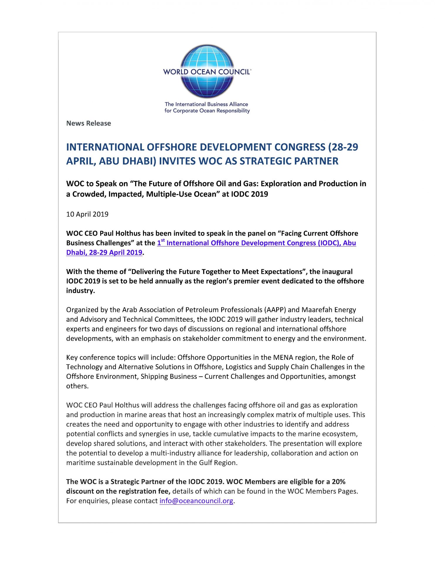 International Offshore Development Congress (28-29 Apr, Abu Dhabi) Invites WOC as Strategic Partner - 10 April 2019