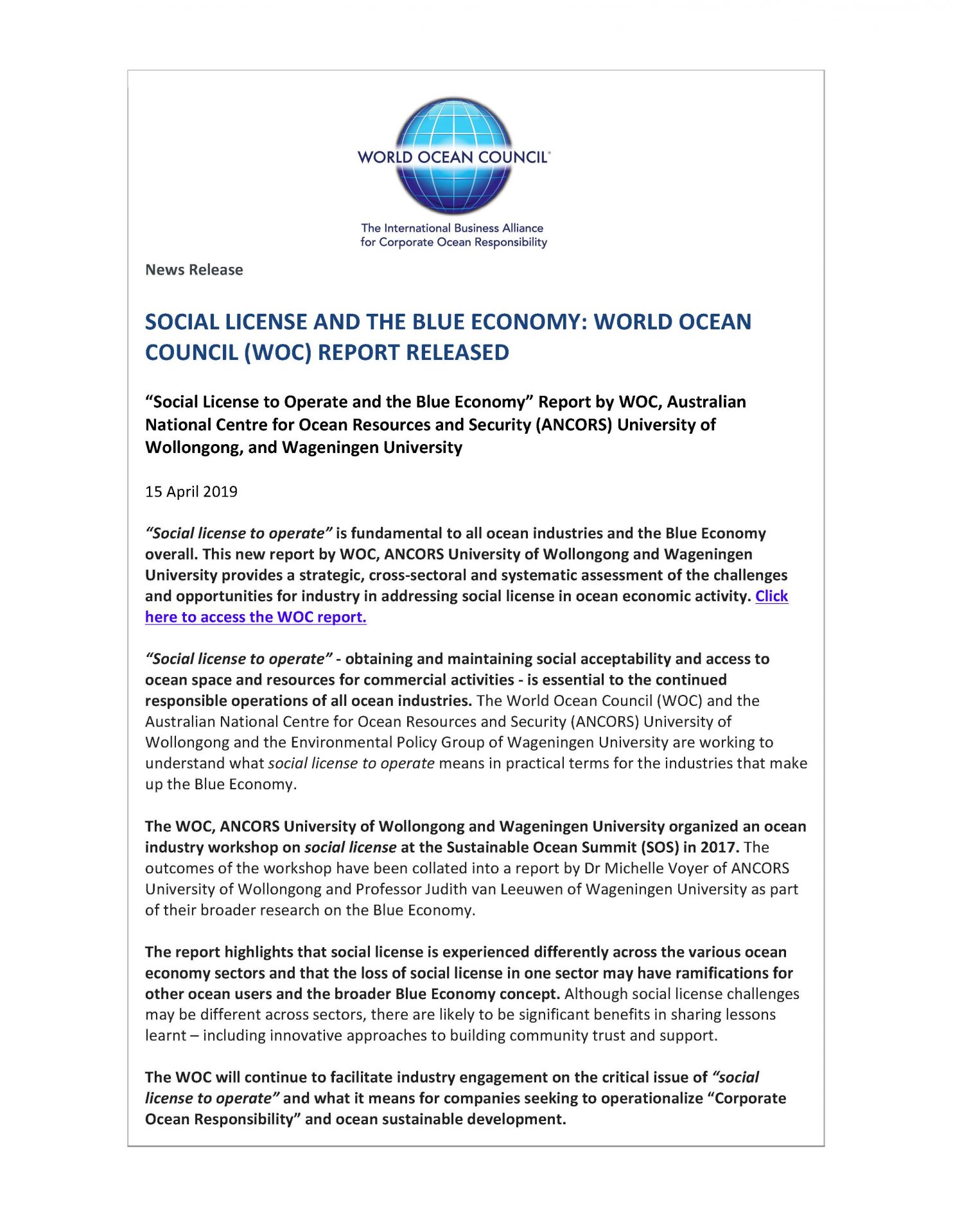 Social License and the Blue Economy: World Ocean Council (WOC) Report Released - 15 April 2019