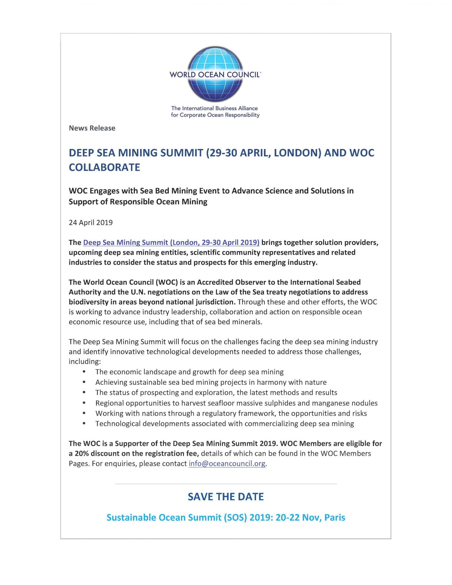 Deep Sea Mining Summit (29-30 April, London) and WOC Collaborate - 24 April 2019