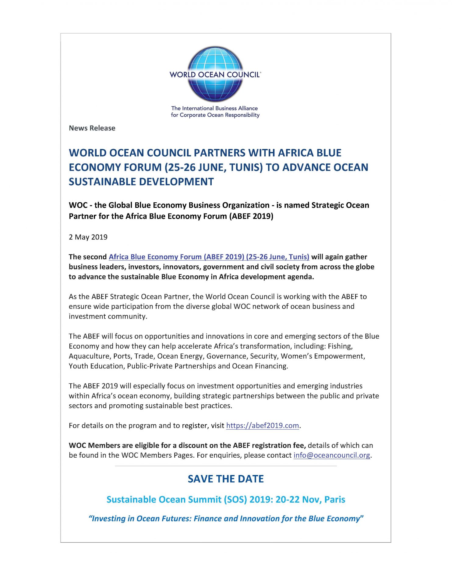 World Ocean Council Partners with Africa Blue Economy Forum (25-26 June, Tunis) to Advance Ocean Sustainable Development - 2 May 2019