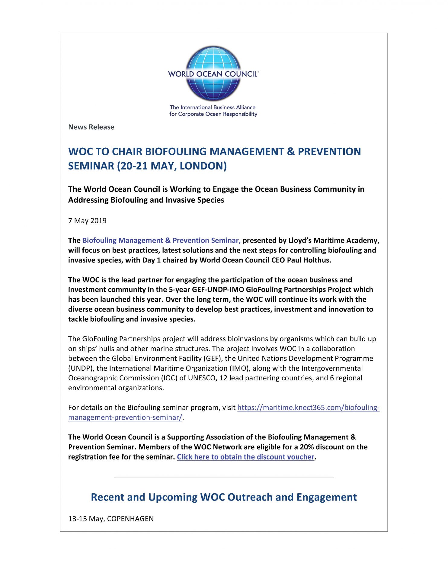 WOC to Chair Biofouling Management & Prevention Seminar (20-21 May, London) - 7 May 2019