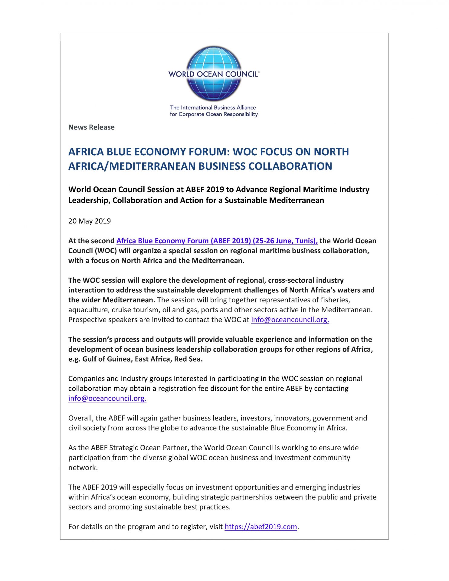 Africa Blue Economy Forum - WOC Focus On North Africa/Mediterranean Business Collaboration - 20 May 2019