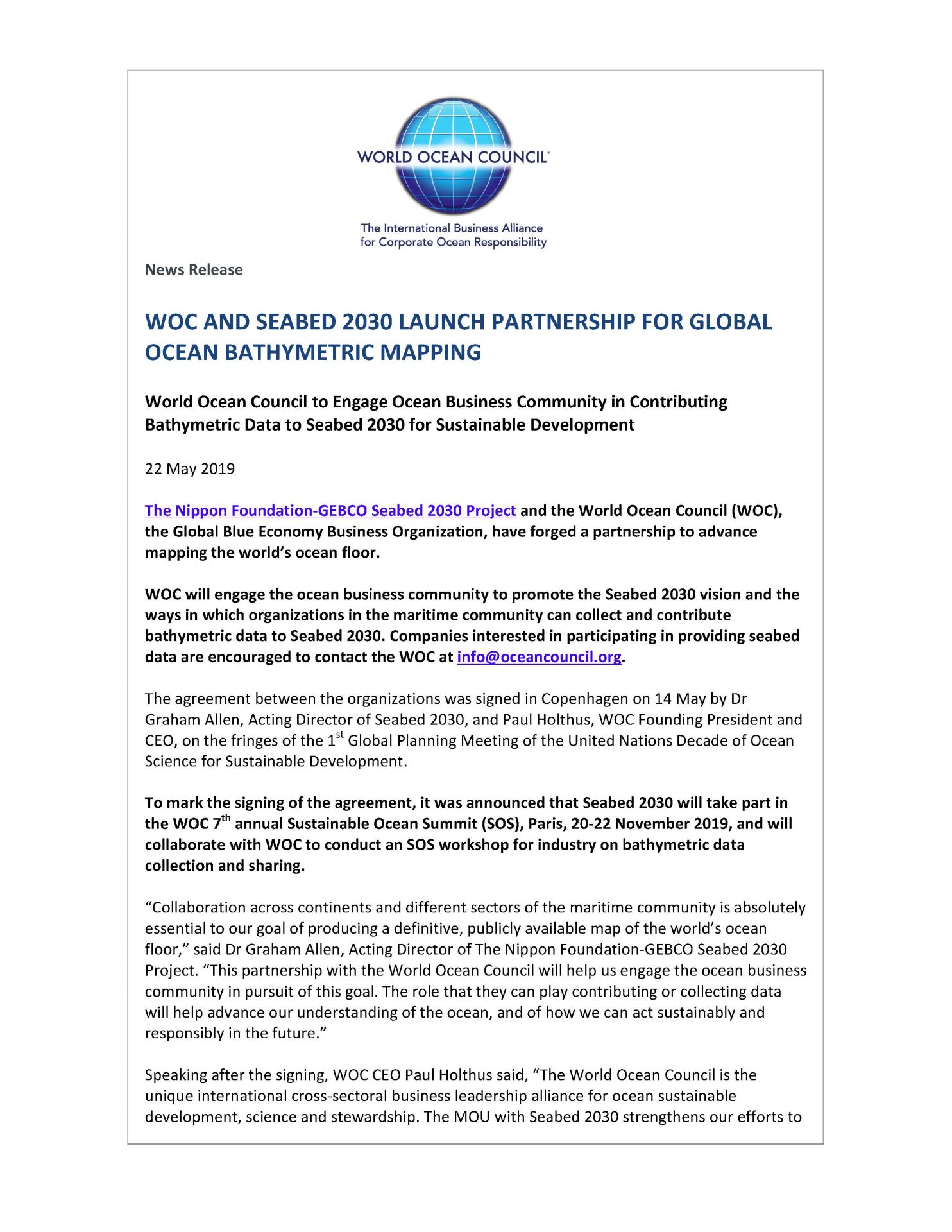 WOC and Seabed 2030 Launch Partnership for Global Ocean Bathymetric Mapping - 22 May 2019