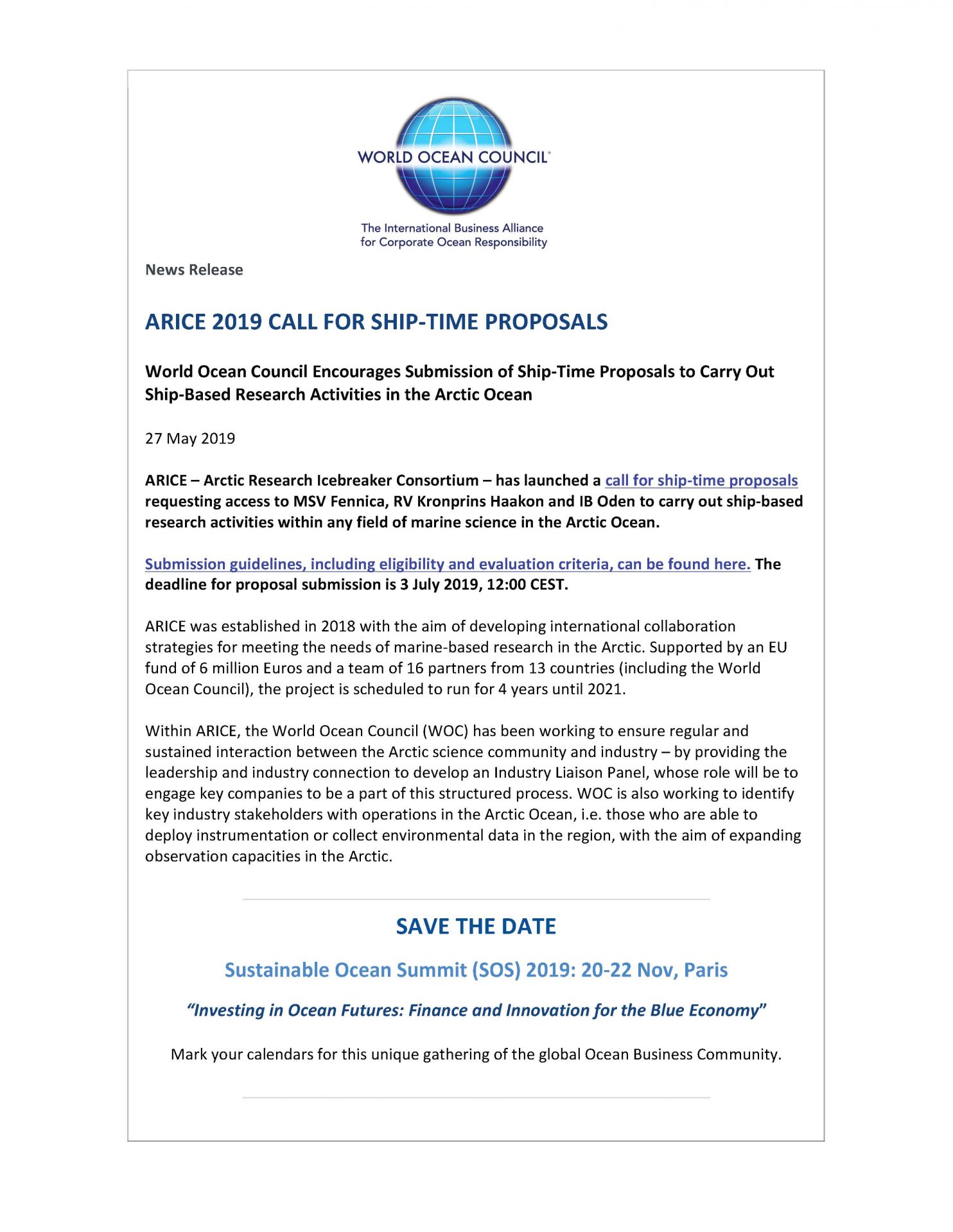 ARICE 2019 Call for Ship-Time Proposals - 27 May 2019