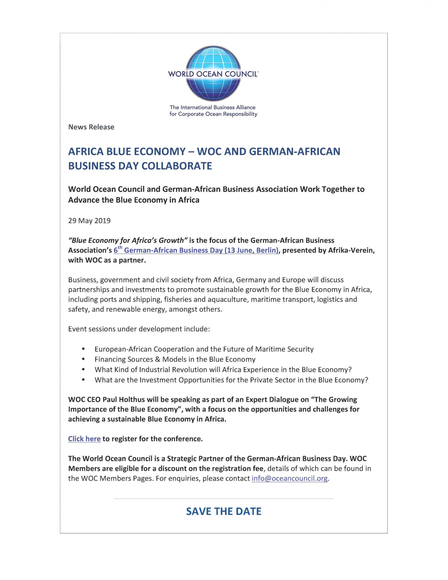 Africa Blue Economy - WOC and German-African Business Day Collaborate - 29 May 2019