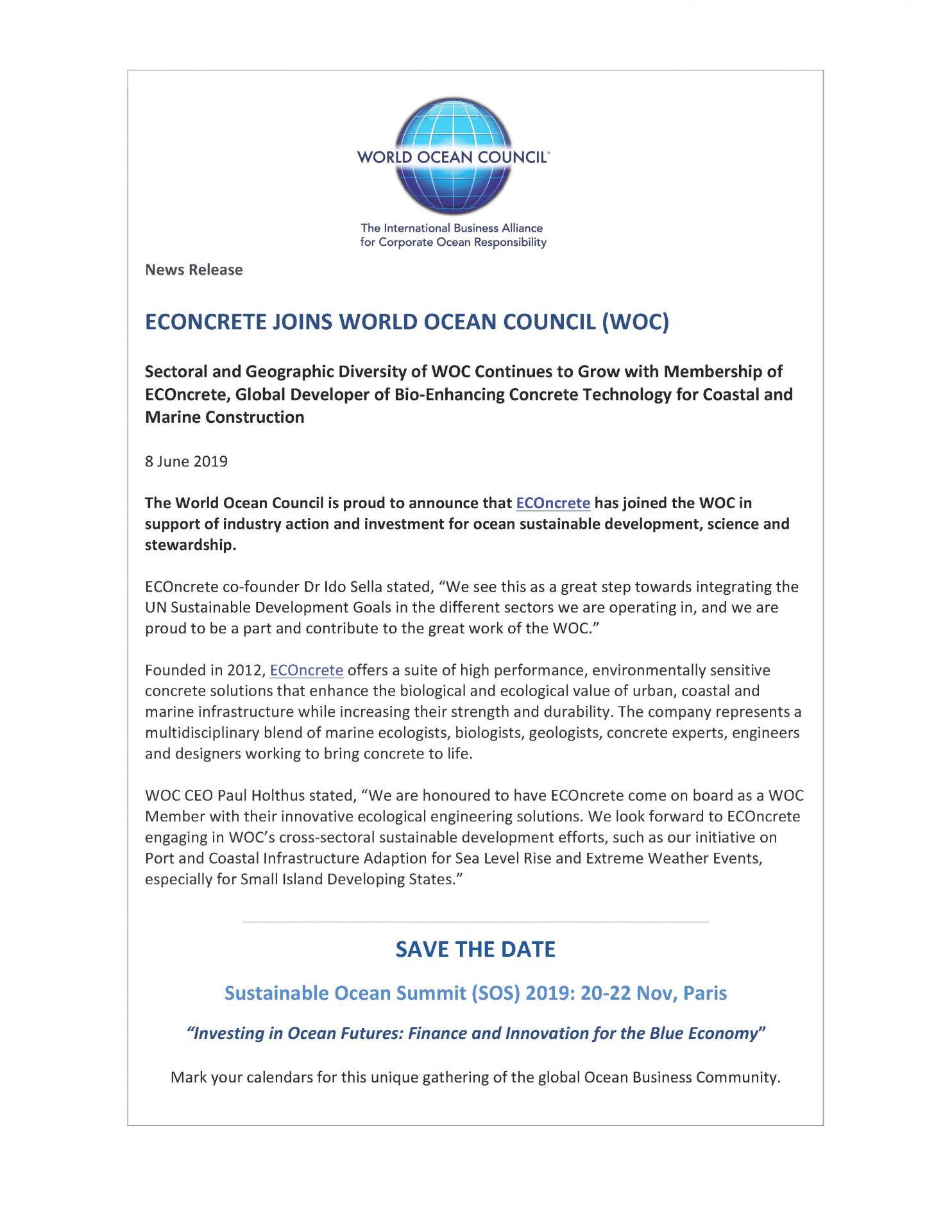 ECOncrete Joins World Ocean Council (WOC) - 8 June 2019