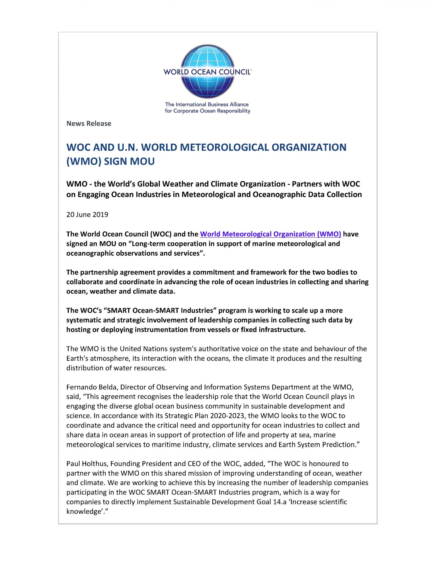 WOC and U.N. World Meteorological Organization Sign MOU - 20 June 2019