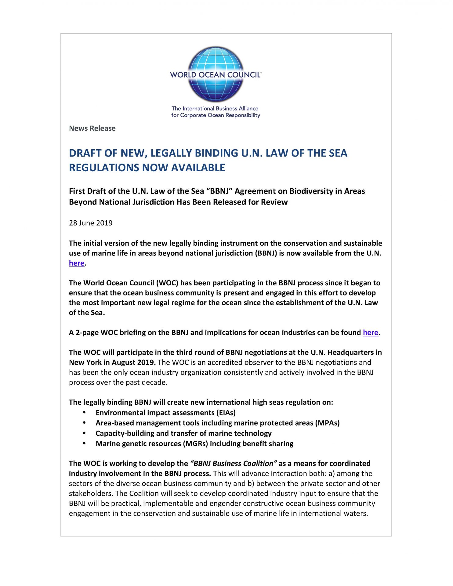 Draft of New, Legally Binding U.N. Law of the Sea Regulations Now Available - 28 June 2019