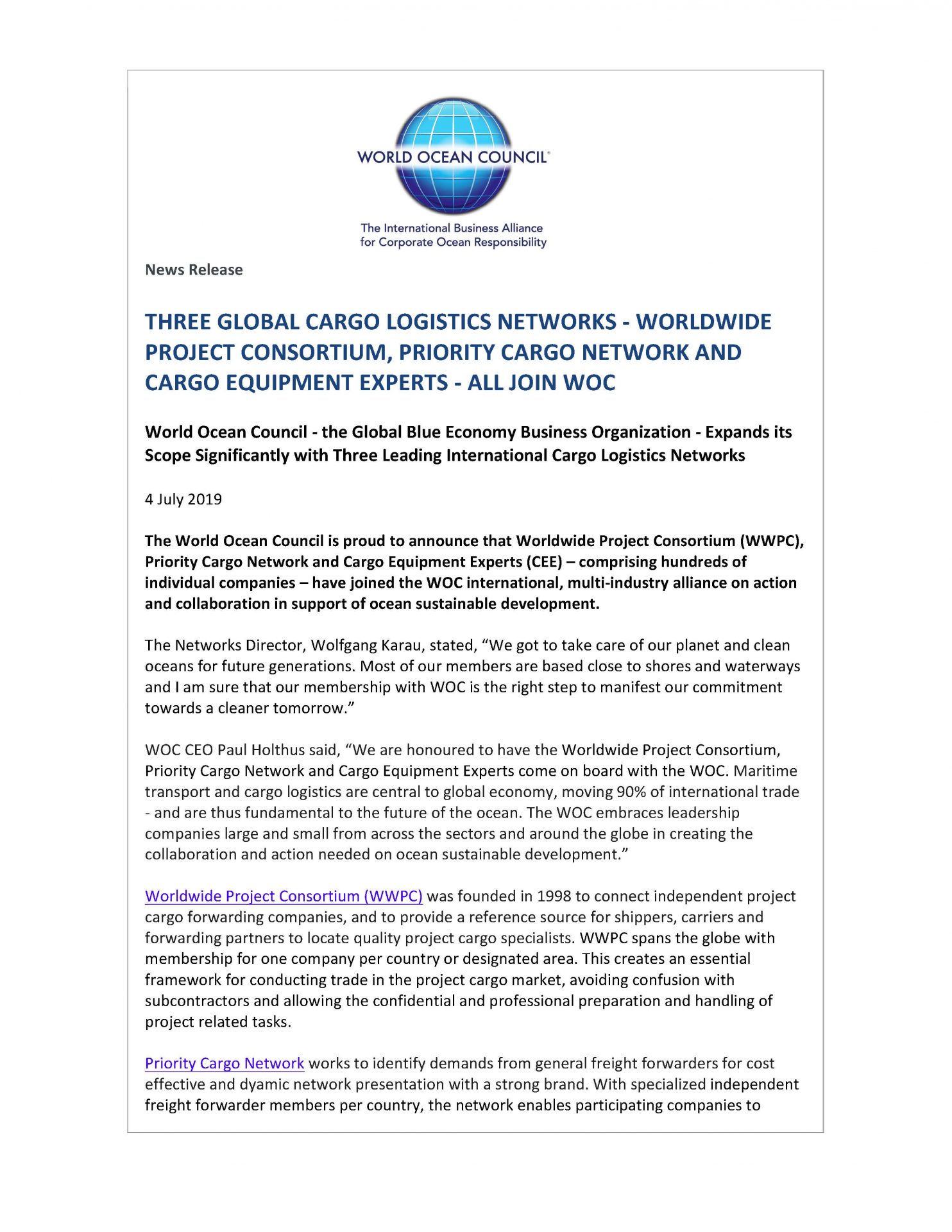 Three Global Cargo Logistics Networks - Worldwide Project Consortium, Priority Cargo Network and Cargo Equipment Experts - All Join WOC - 4 July 2019