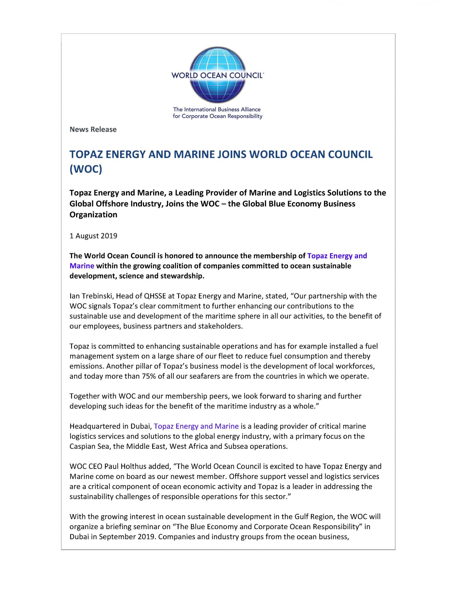 Topaz Energy and Marine Joins WOC - 1 August 2019
