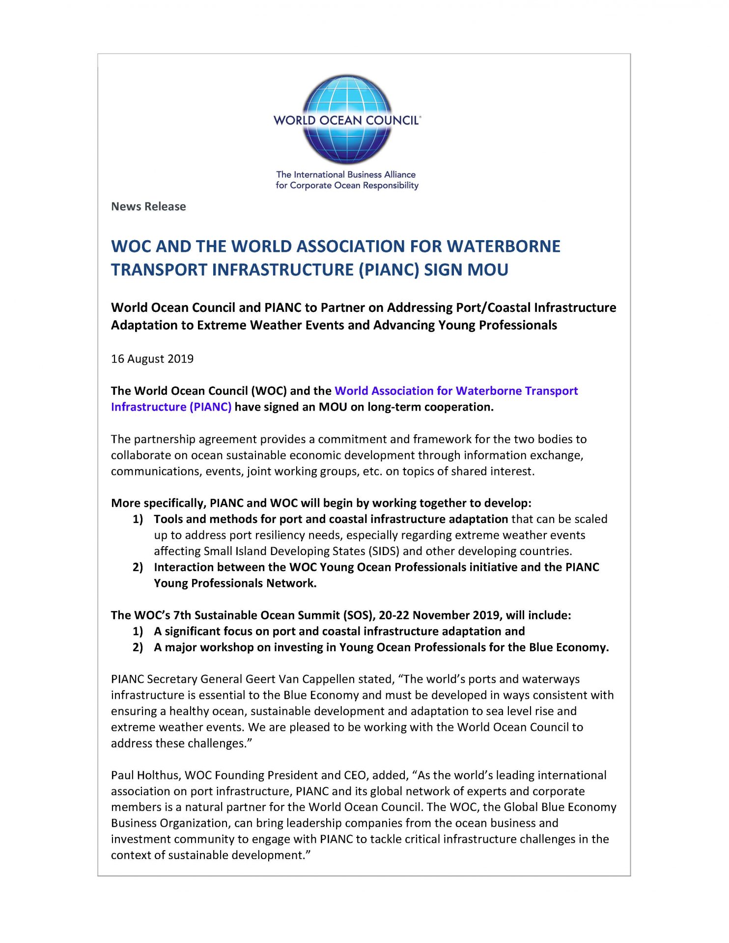 WOC and The World Association for Waterborne Transport Infrastructure (PIANC) Sign MOU - 16 August 2019